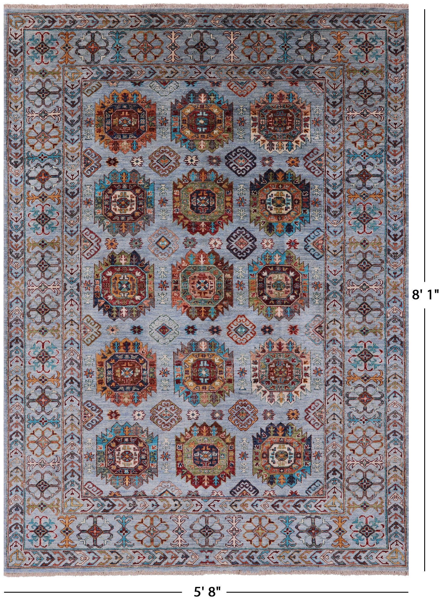 Blue Turkmen Ersari Handmade Wool Rug - 5' 8" X 8' 1" - Golden Nile