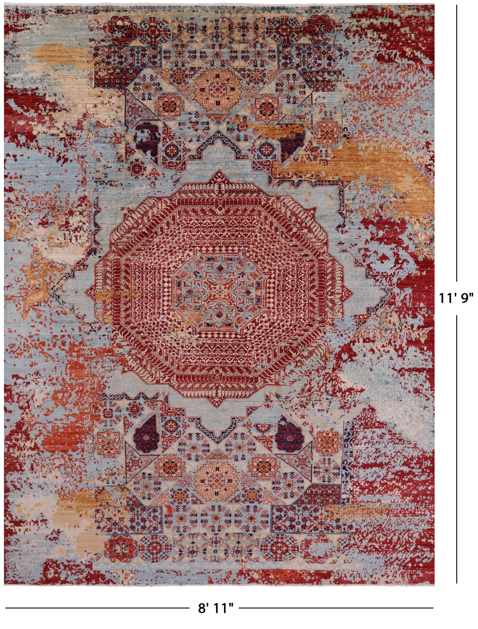 Abstract Modern Mamluk Hand Knotted Wool Rug - 8' 11" X 11' 9" - Golden Nile