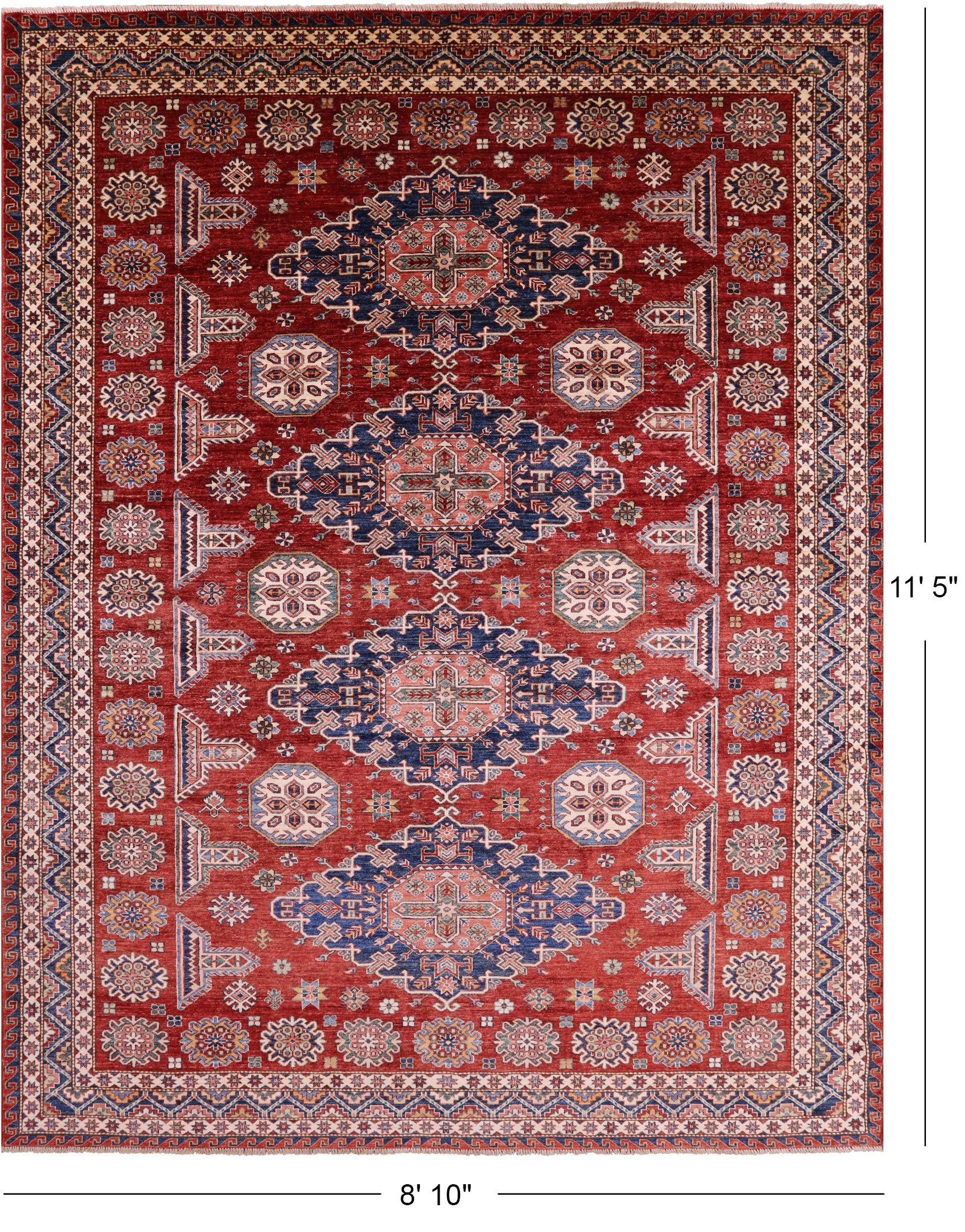 Red Super Kazak Hand Knotted Wool Rug - 8' 10" X 11' 5" - Golden Nile