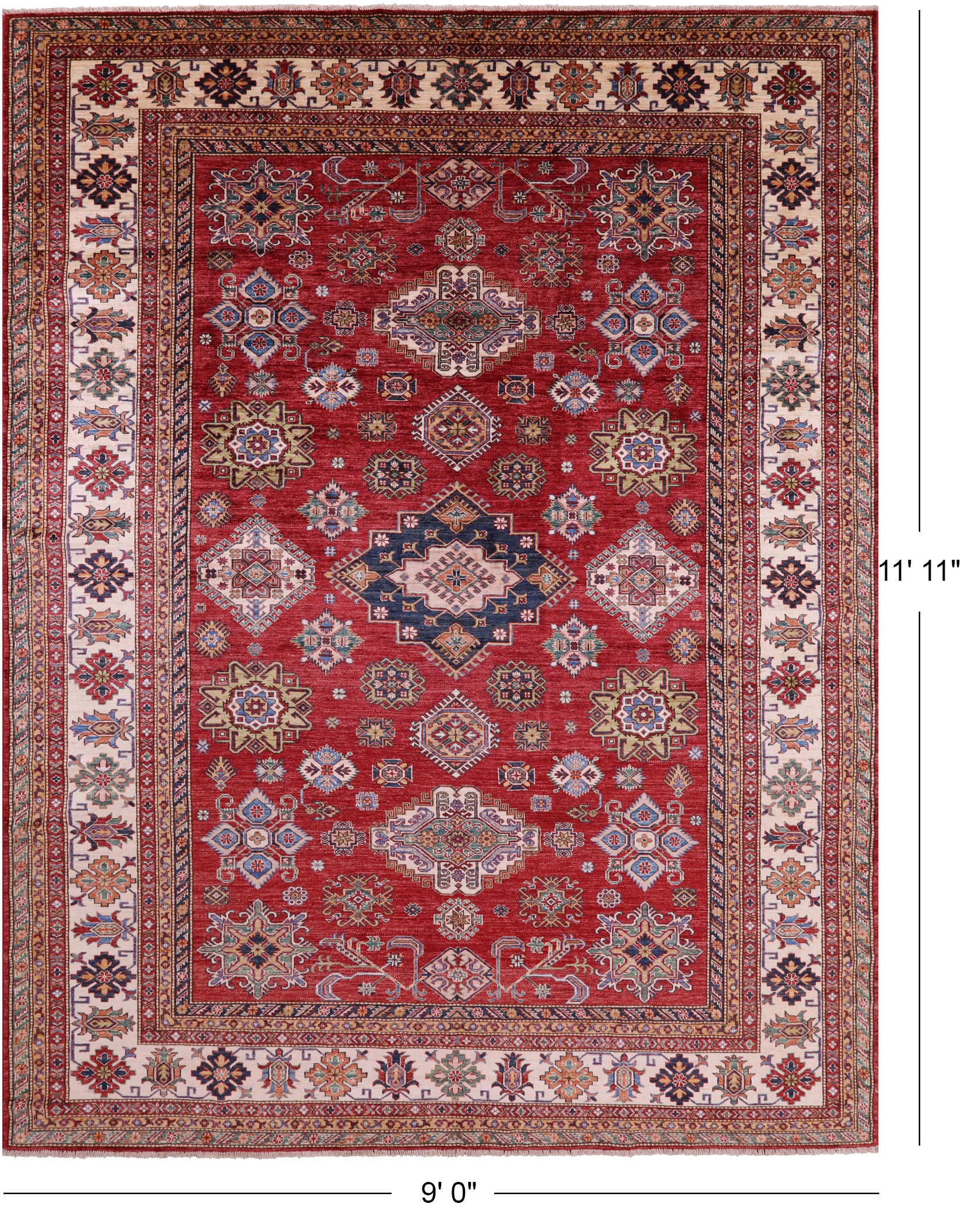 Red Super Kazak Hand Knotted Wool Rug - 9' 0" X 11' 11" - Golden Nile