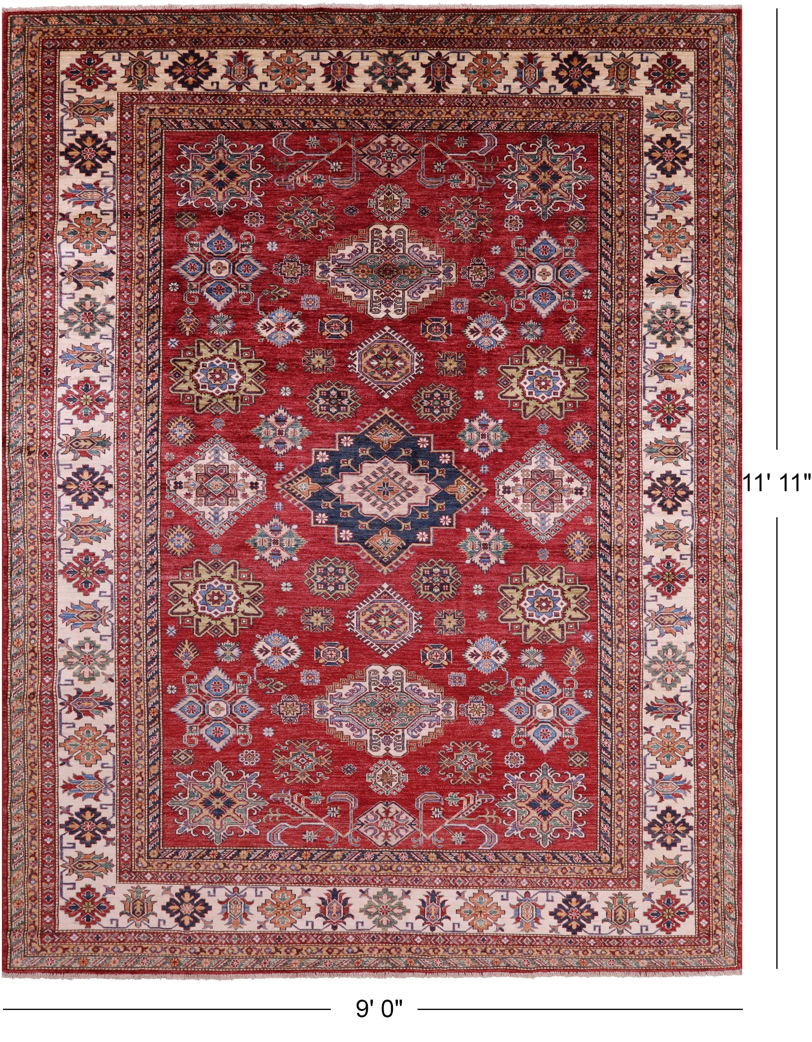 Red Super Kazak Hand Knotted Wool Rug - 9' 0" X 11' 11" - Golden Nile