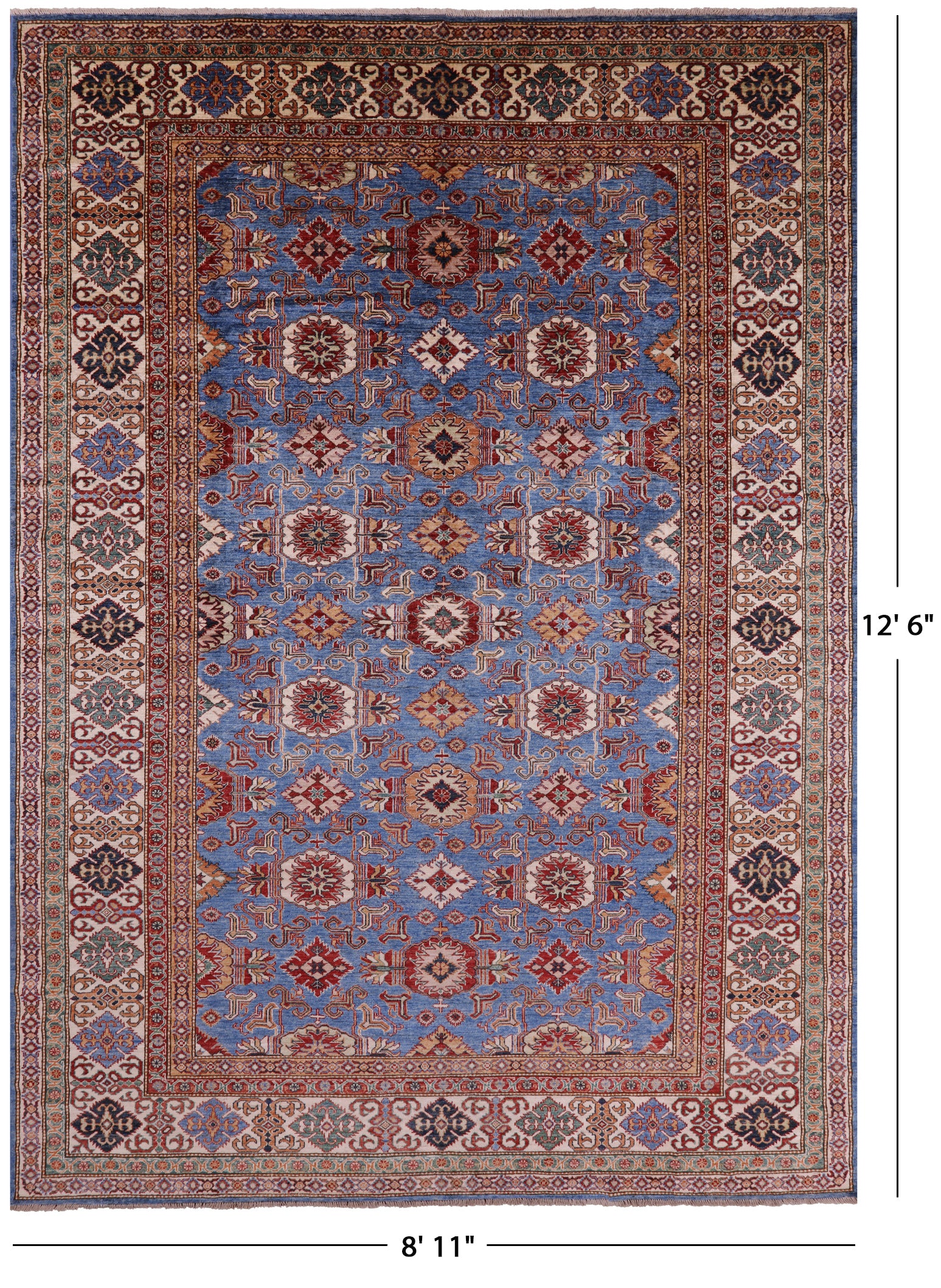 Blue Super Kazak Hand Knotted Wool Rug - 8' 11" X 12' 6" - Golden Nile