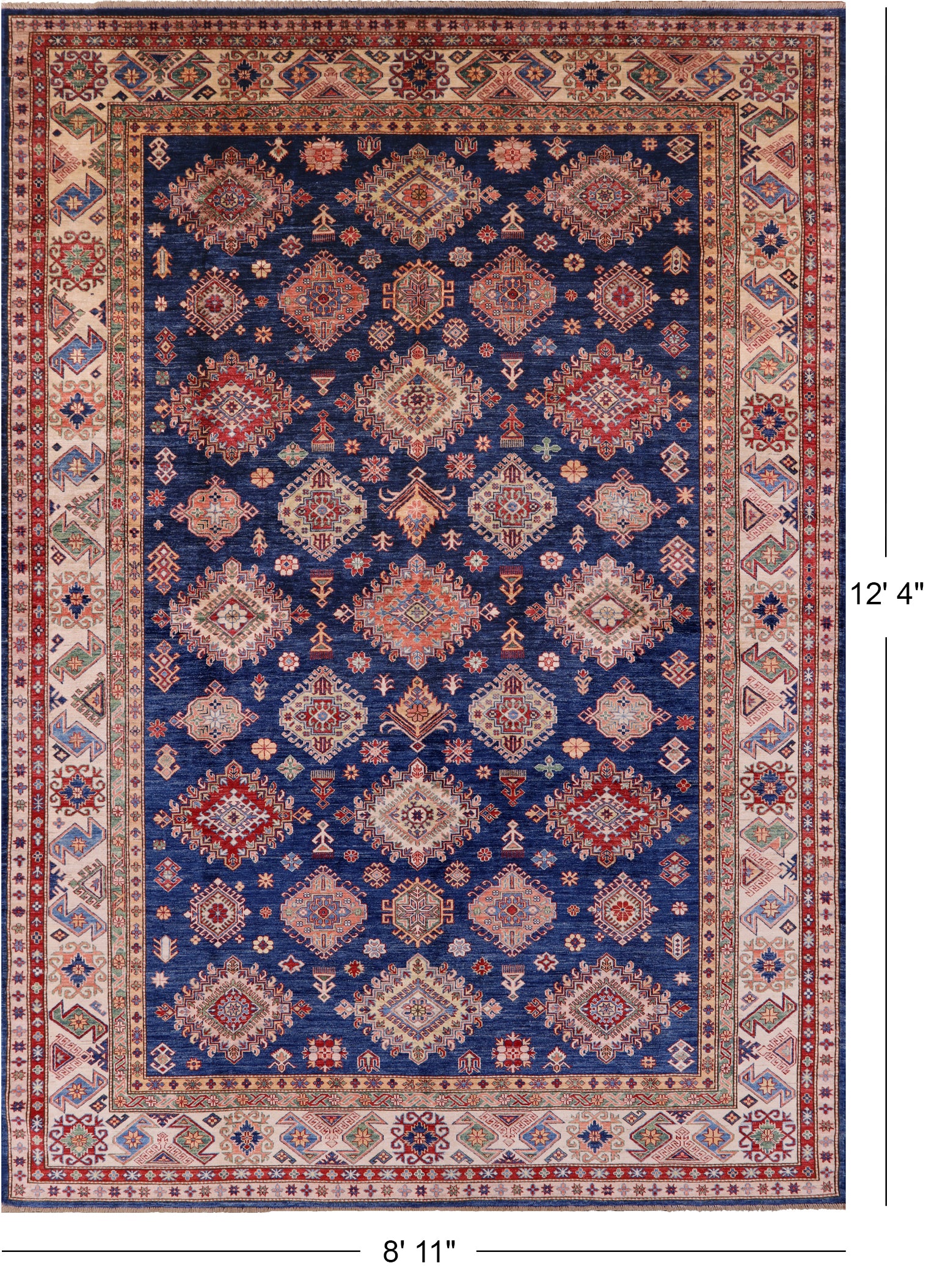 Blue Super Kazak Hand Knotted Wool Rug - 8' 11" X 12' 4" - Golden Nile