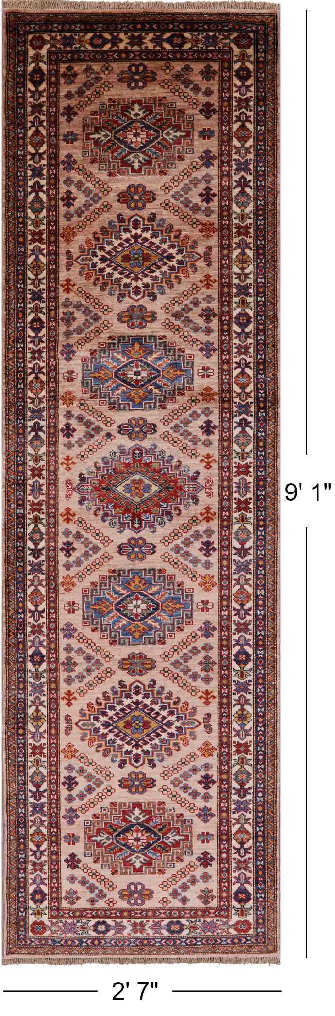 Super Kazak Hand Knotted Wool Runner Rug - 2' 7" X 9' 1" - Golden Nile