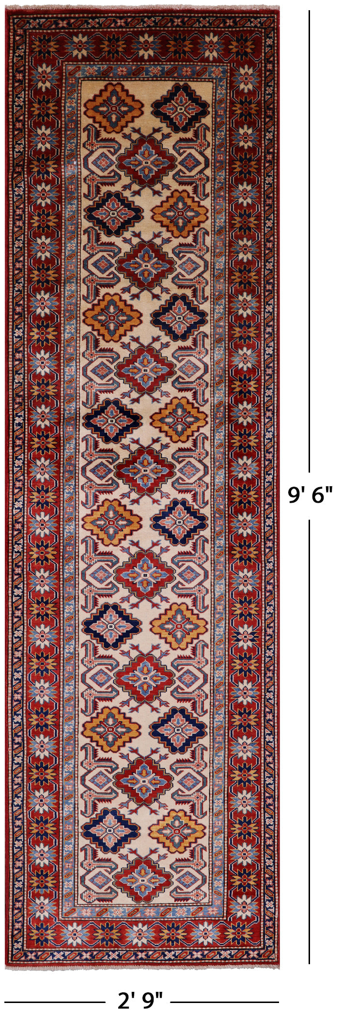 Ivory Super Kazak Hand Knotted Wool Runner Rug - 2' 9" X 9' 6" - Golden Nile