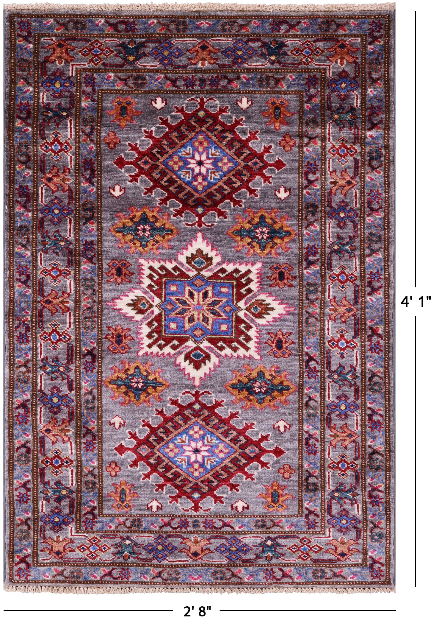 Grey Super Kazak Hand Knotted Wool Rug - 2' 8" X 4' 1" - Golden Nile