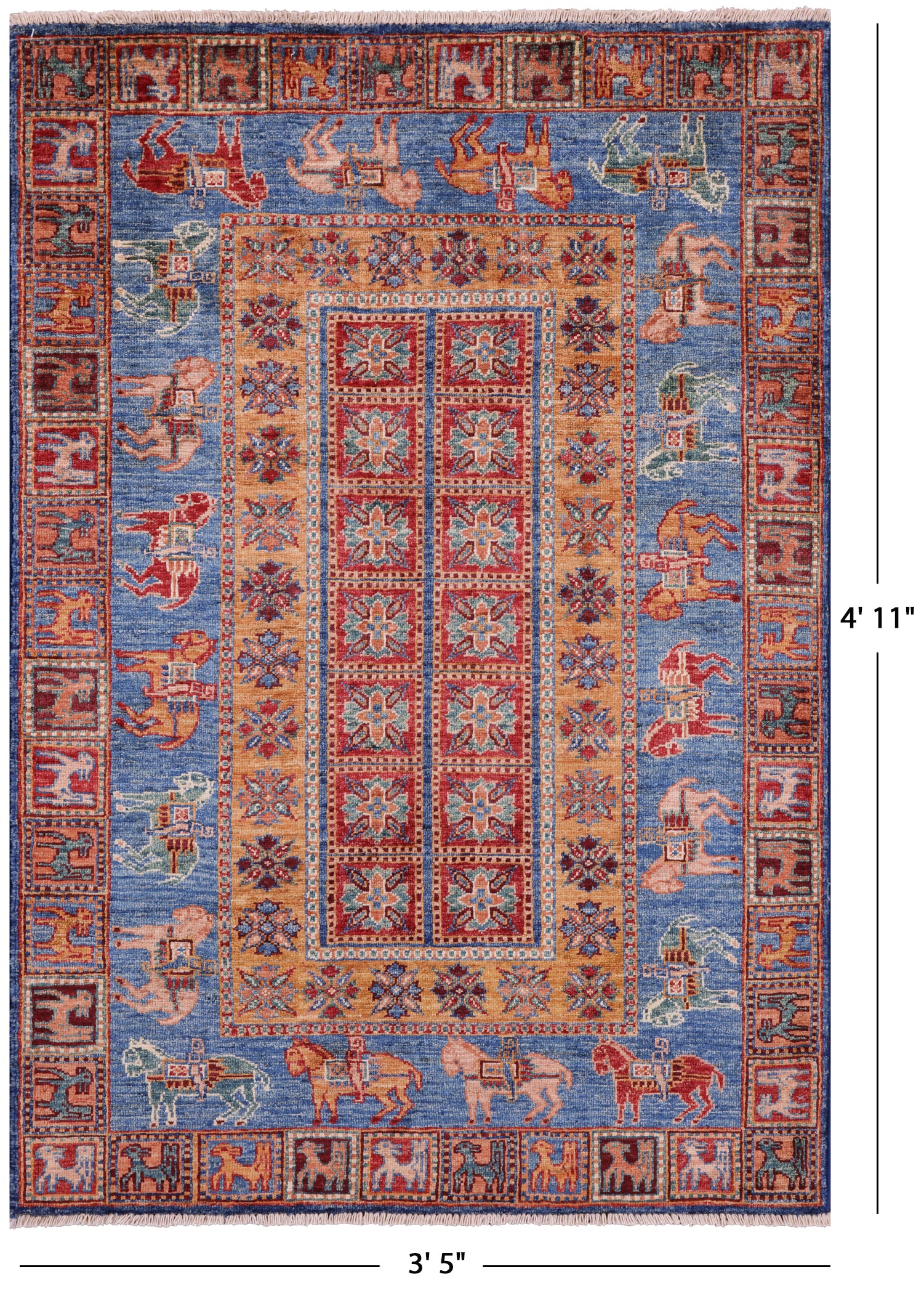 Antiqued Pazyryk Historical Design Hand Knotted Wool Rug - 3' 5" X 4' 11" - Golden Nile