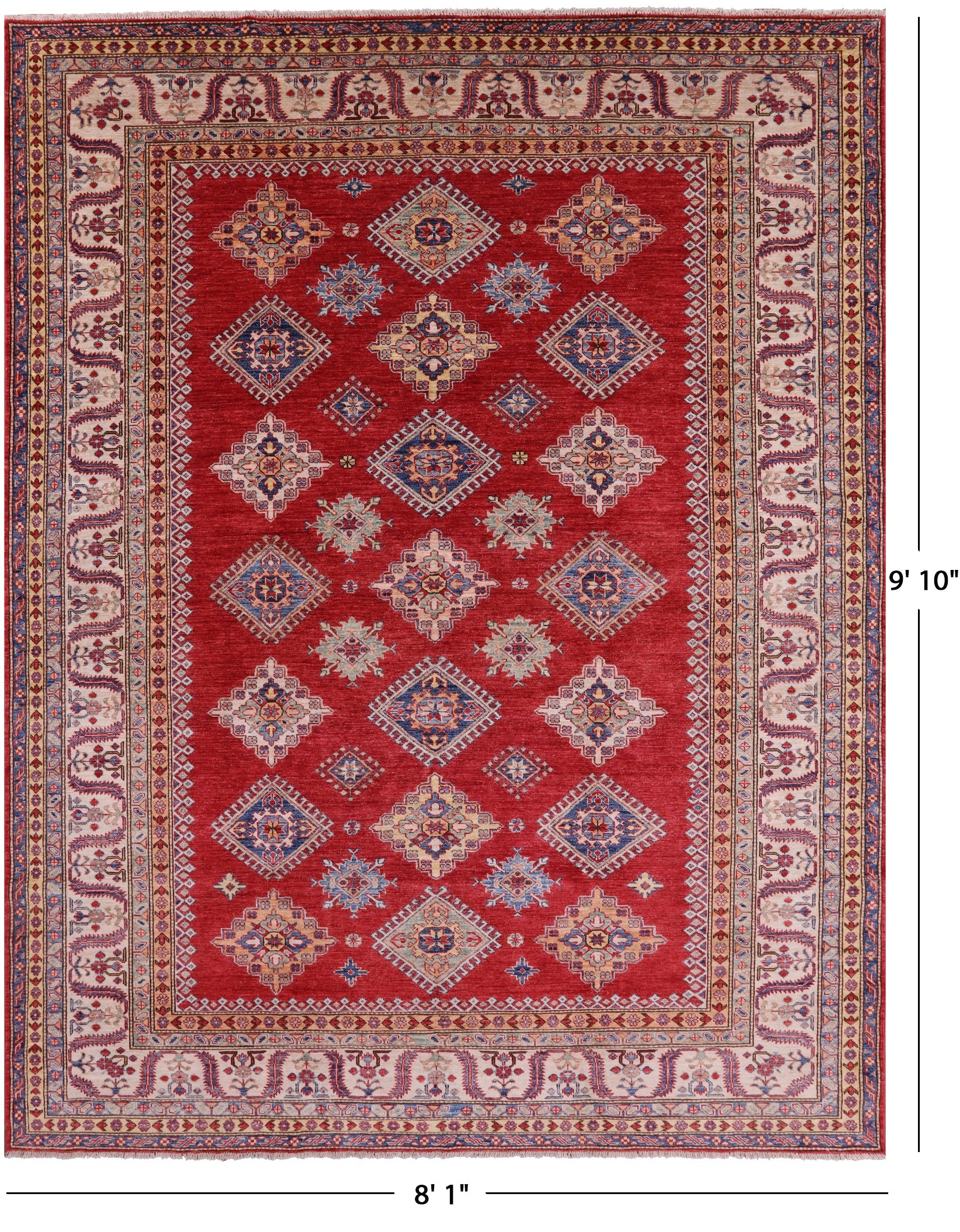 Red Super Kazak Handmade Wool Rug - 8' 1" X 9' 10" - Golden Nile