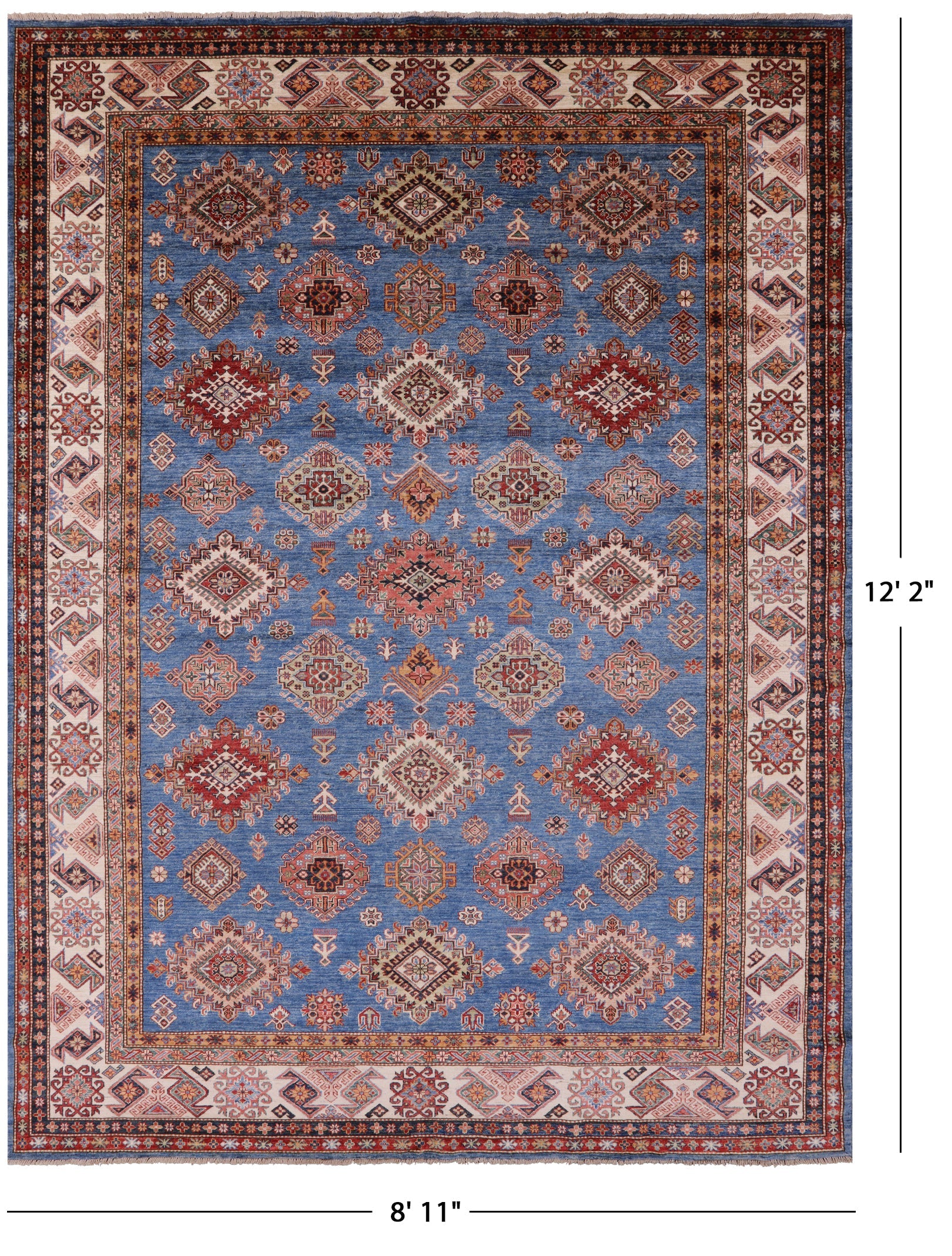 Blue Super Kazak Hand Knotted Wool Rug - 8' 11" X 12' 2" - Golden Nile