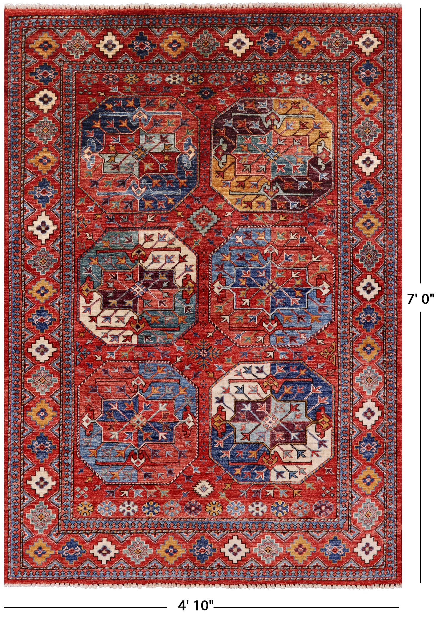 Red Turkmen Ersari Hand Knotted Wool Rug - 4' 10" X 7' 0" - Golden Nile