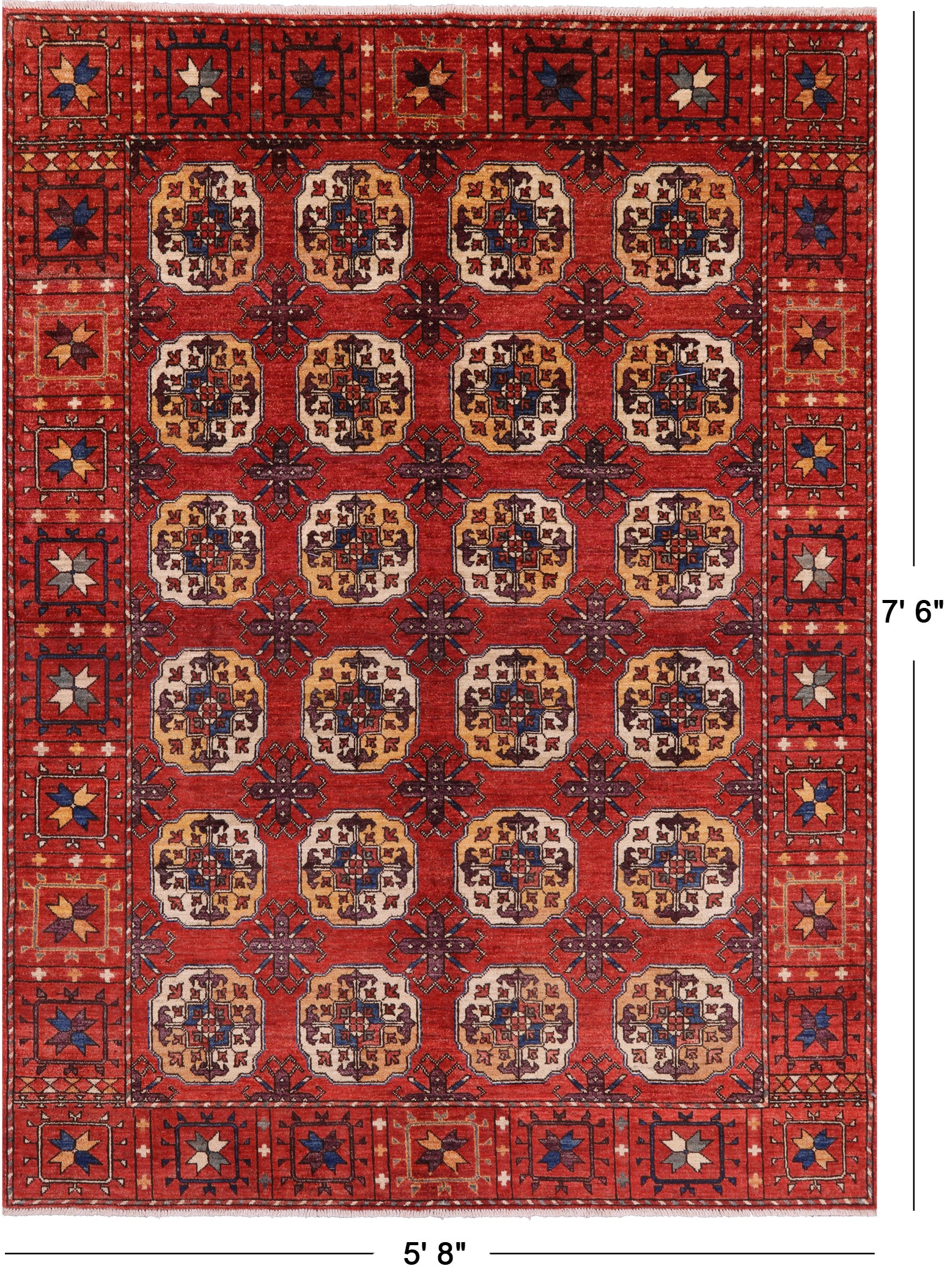 Red Turkmen Ersari Hand Knotted Wool Rug - 5' 8" X 7' 6" - Golden Nile