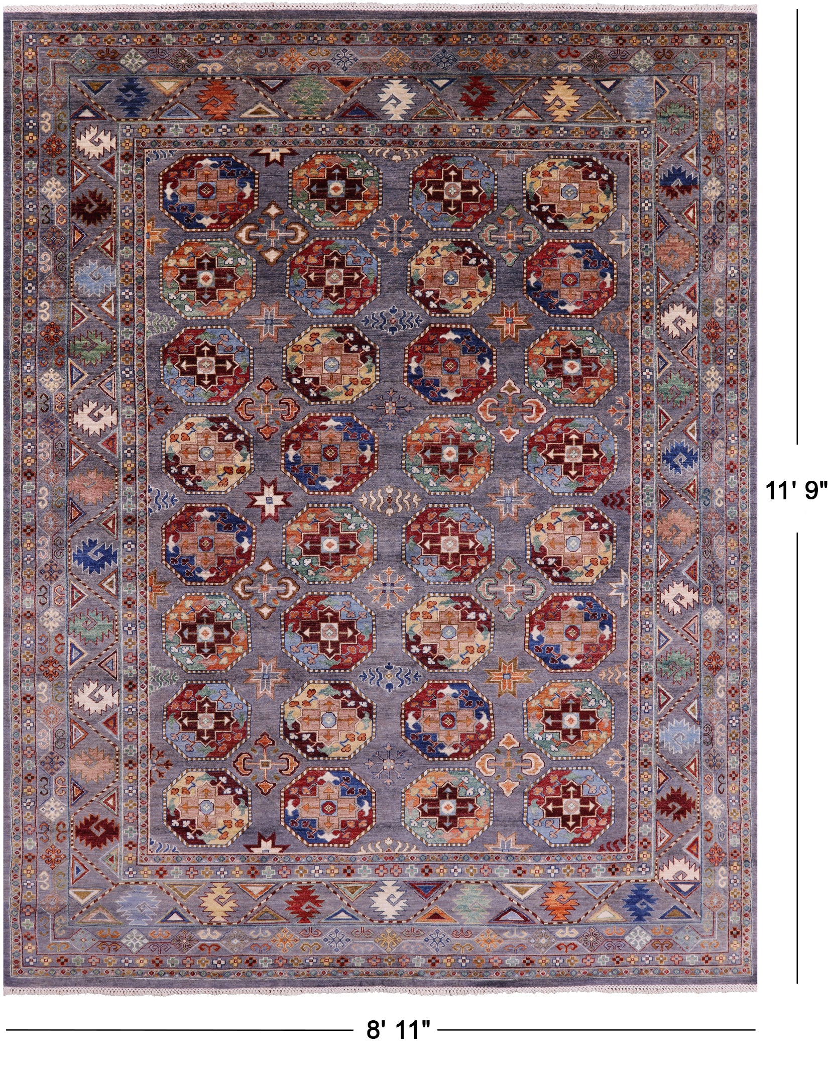 Grey Turkmen Ersari Hand Knotted Wool Rug - 8' 11" X 11' 9" - Golden Nile
