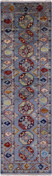 Blue Turkmen Ersari Hand Knotted Wool Runner Rug - 2' 10" X 9' 10" - Golden Nile