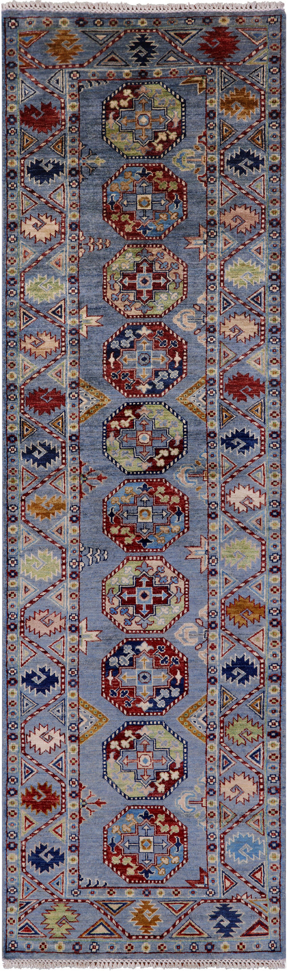 Blue Turkmen Ersari Hand Knotted Wool Runner Rug - 2' 10" X 9' 10" - Golden Nile