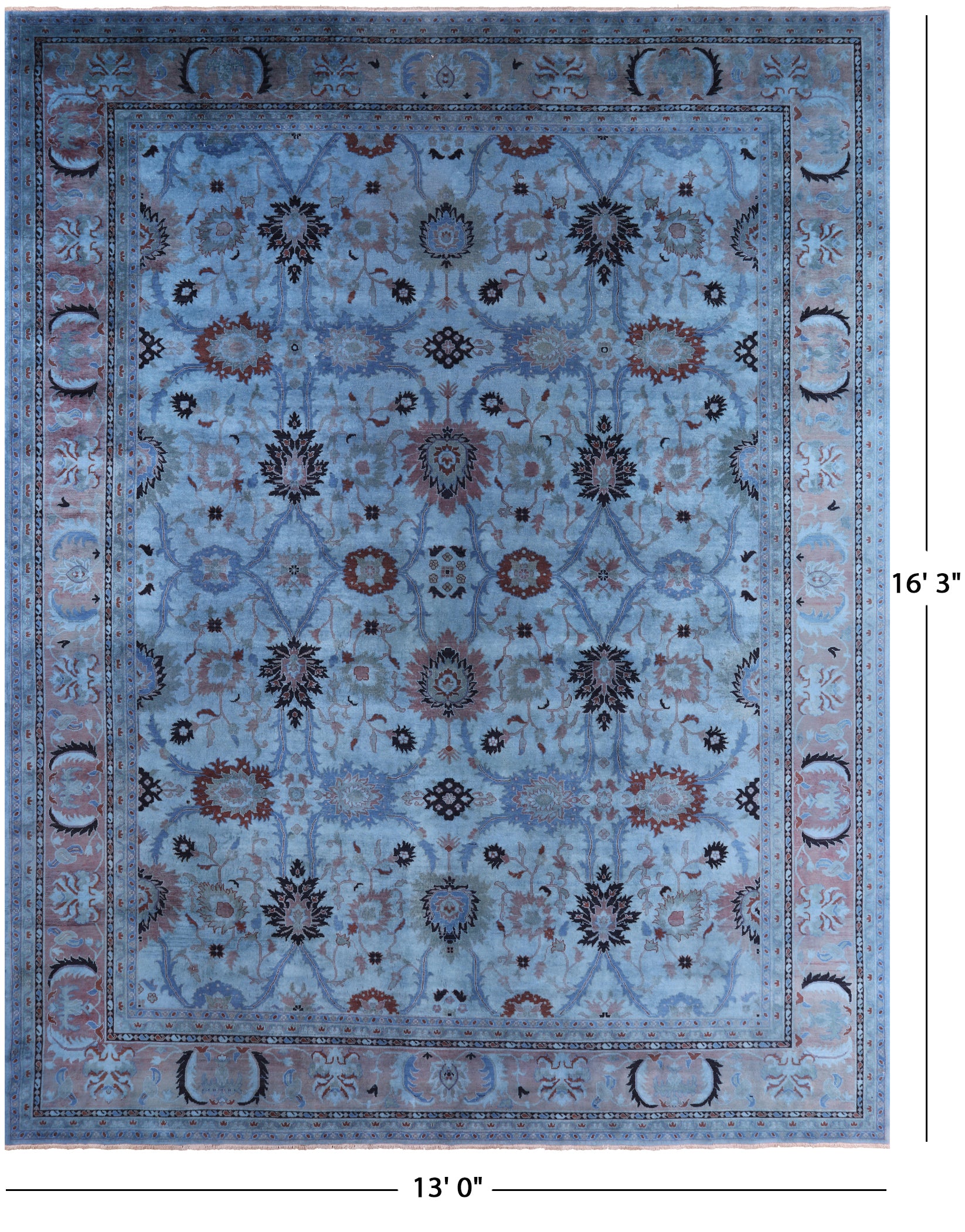 Blue Tabriz Low Pile Overdyed Hand Knotted Wool Rug - 13' 0" X 16' 3" - Golden Nile