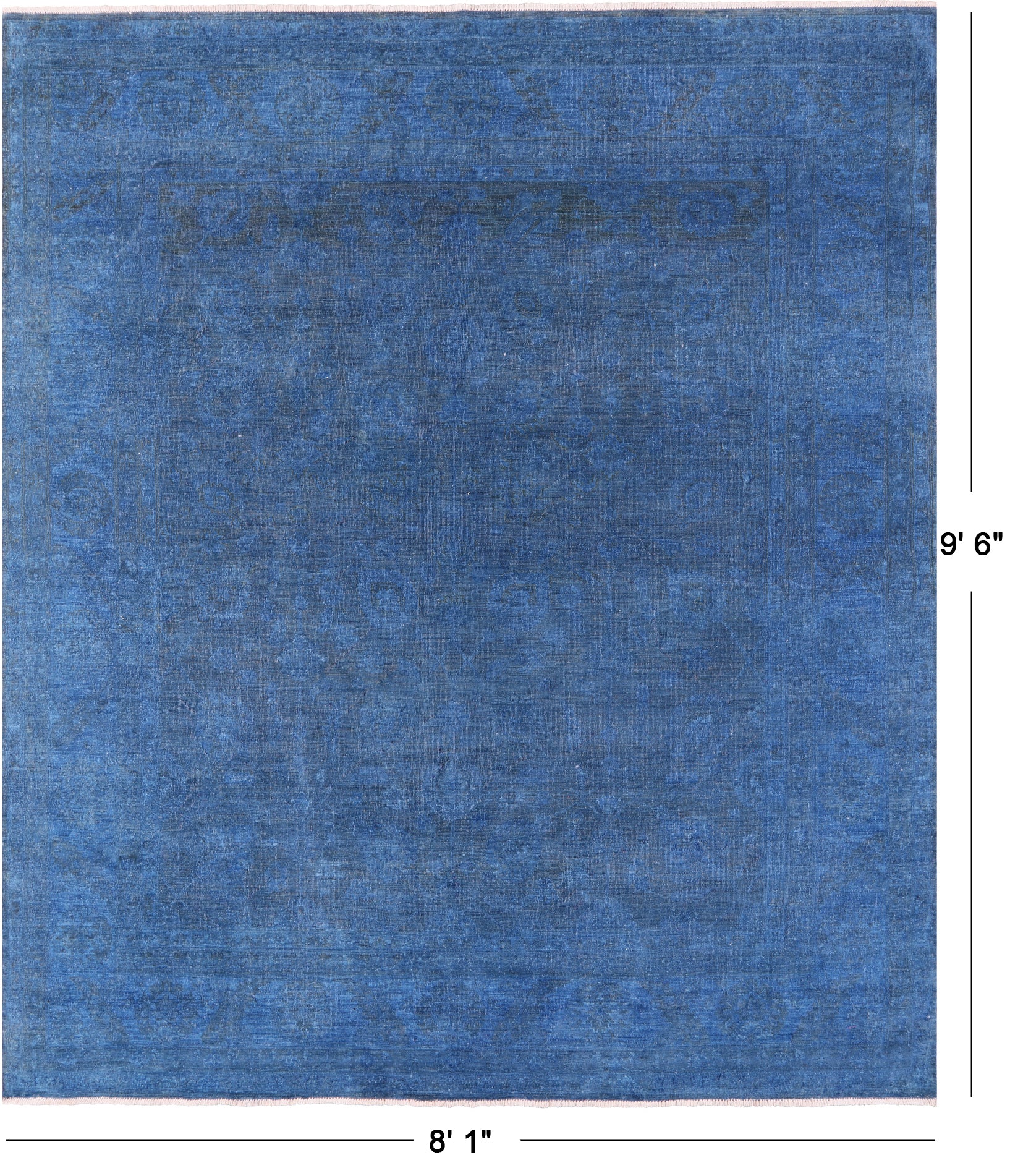 Blue Zero Pile Overdyed Hand Knotted Wool Rug - 8' 1" X 9' 6" - Golden Nile