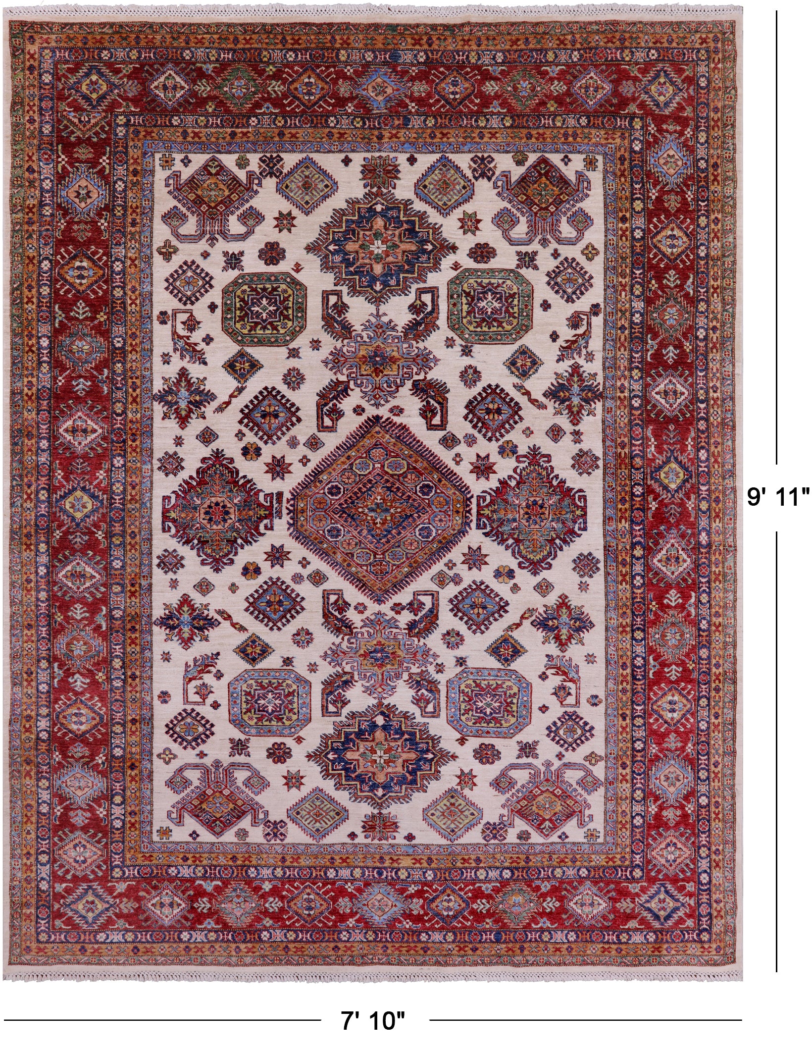 Ivory Super Kazak Hand Knotted Wool Rug - 7' 10" X 9' 11" - Golden Nile