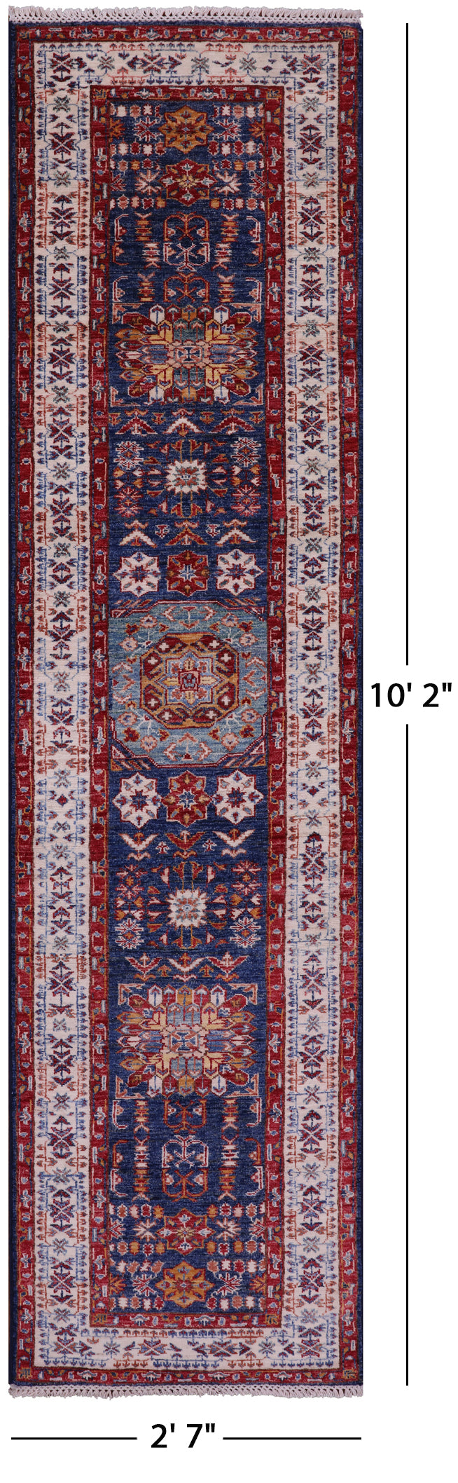Blue Super Kazak Hand Knotted Wool Runner Rug - 2' 7" X 10' 2" - Golden Nile