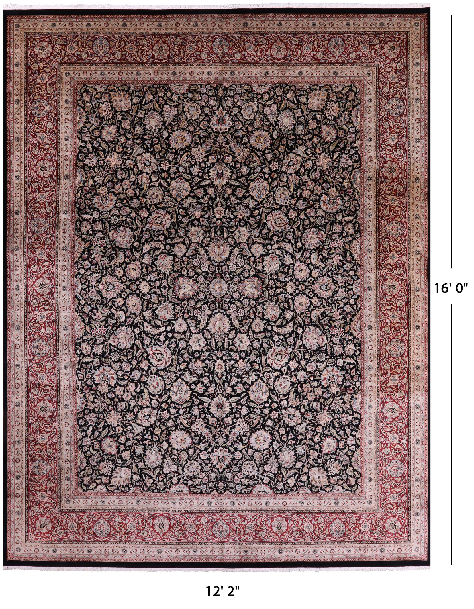 Black Persian Kashan Hand Knotted Wool Rug - 12' 2" X 16' 0" - Golden Nile