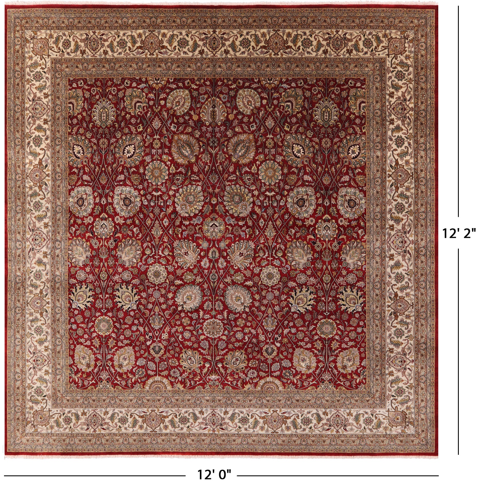 Red Square Persian Tabriz Handmade Wool Rug - 12' 0" X 12' 2" - Golden Nile