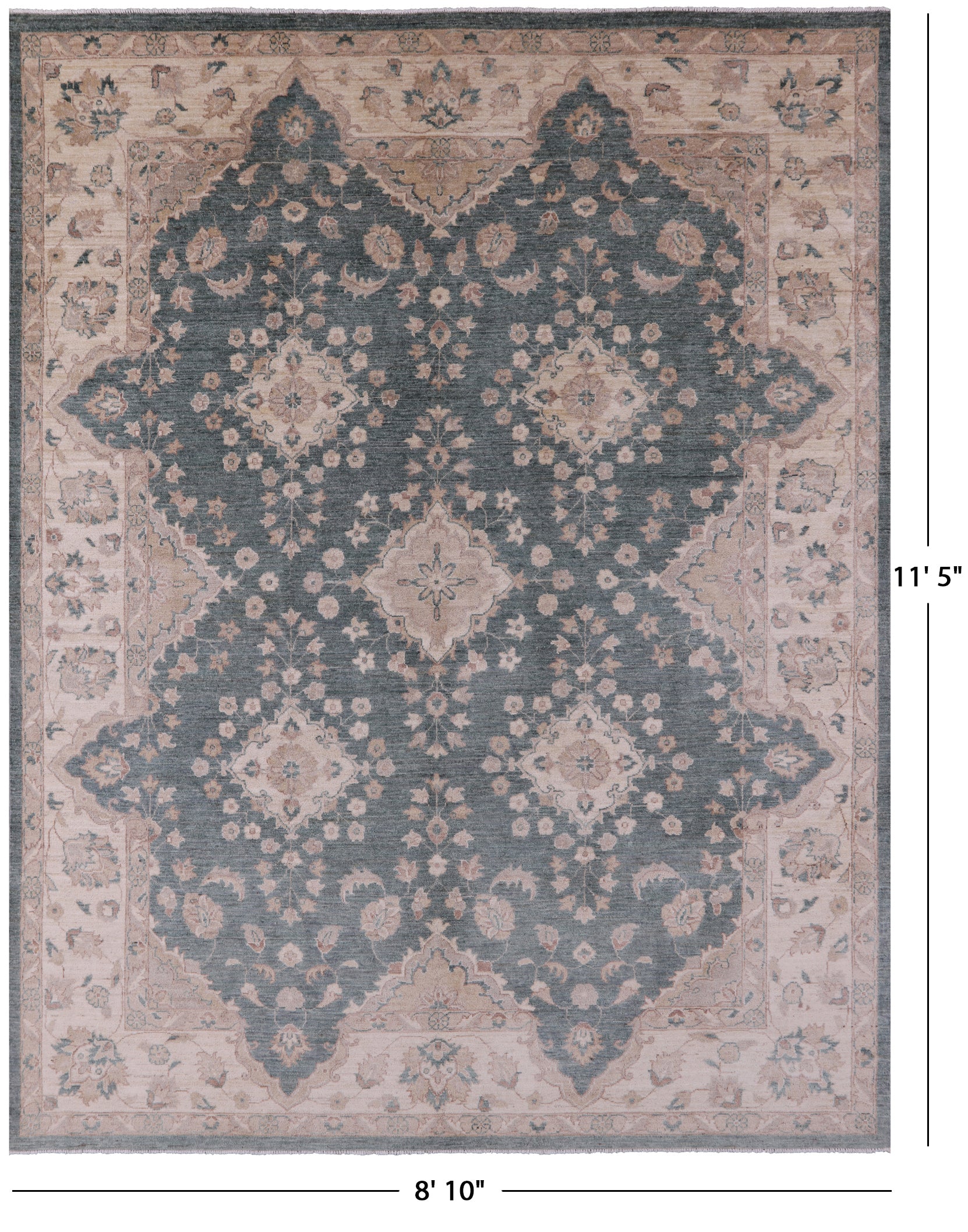 Green Peshawar Hand Knotted Wool Rug - 8' 10" X 11' 5" - Golden Nile