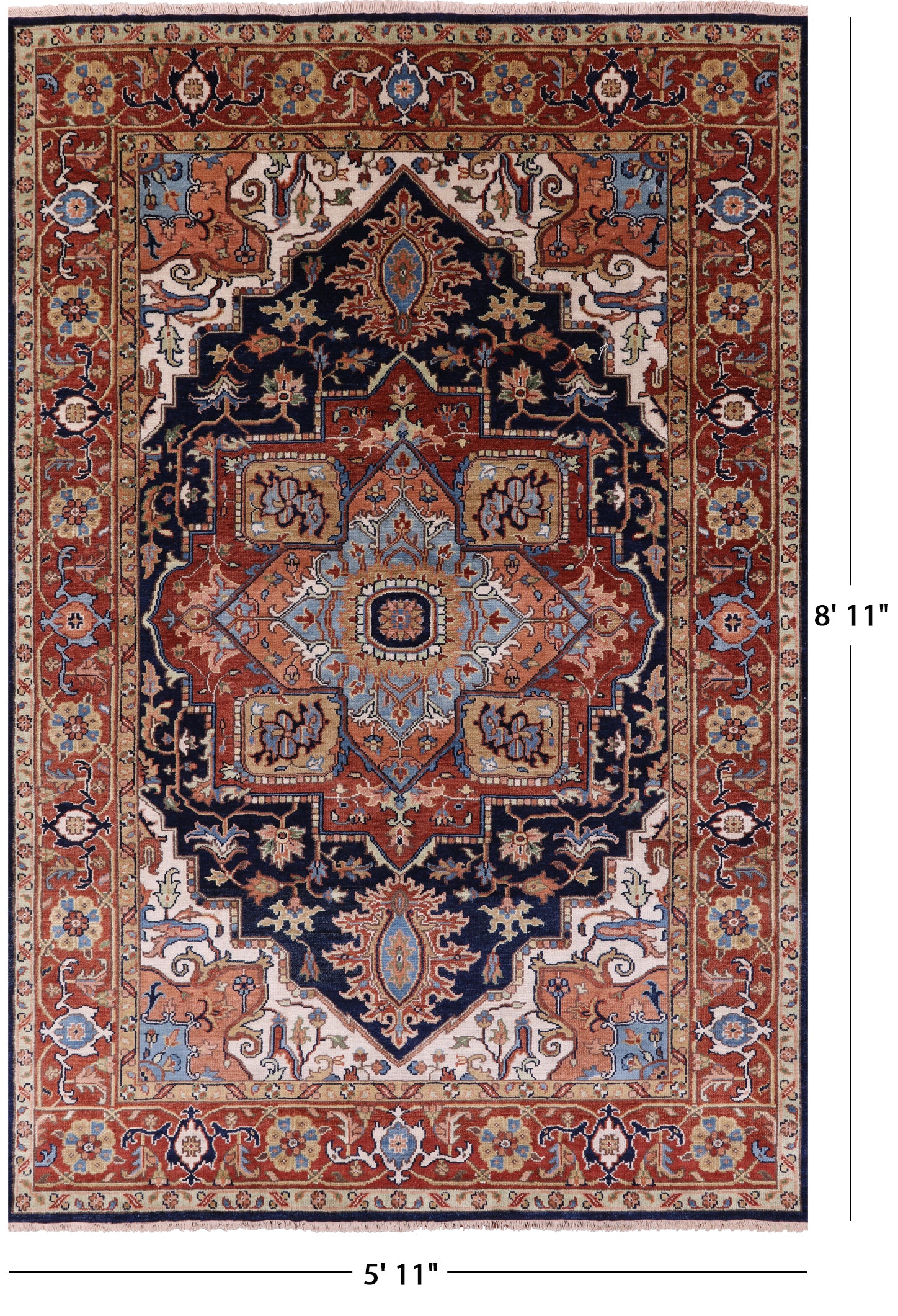 Blue Geometric Heriz Serapi Hand Knotted Wool Rug - 5' 11" X 8' 11" - Golden Nile