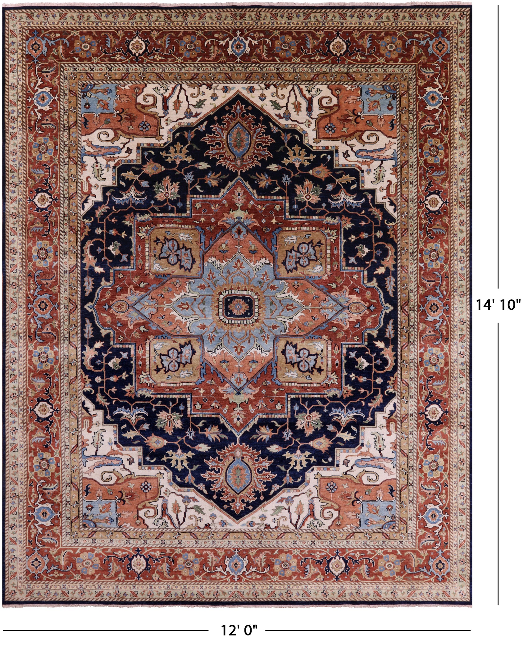 Blue Geometric Heriz Serapi Hand Knotted Wool Rug - 12' 0" X 14' 10" - Golden Nile