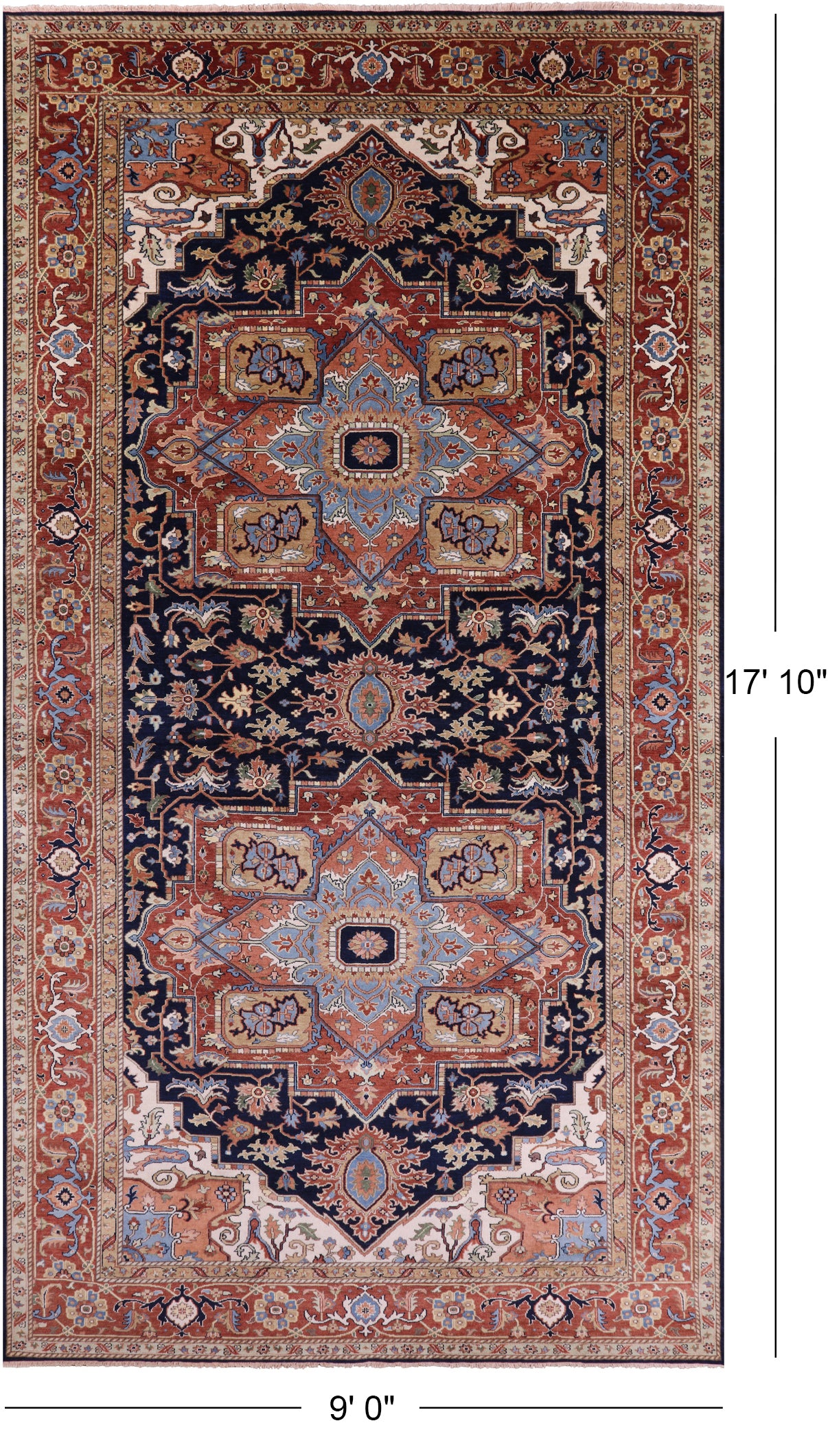 Blue Geometric Heriz Serapi Hand Knotted Wool Rug - 9' 0" X 17' 10" - Golden Nile
