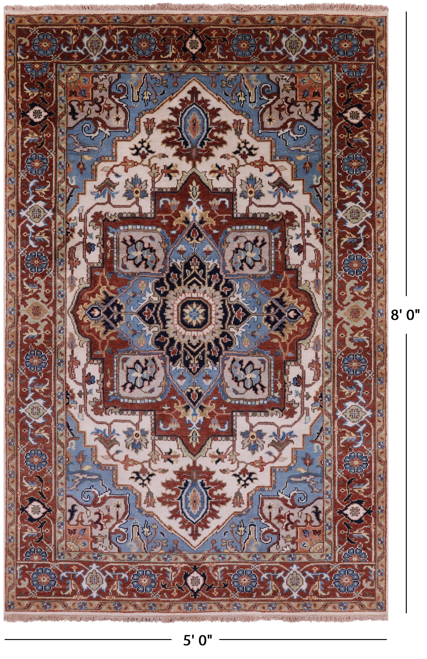 Ivory Geometric Heriz Serapi Hand Knotted Wool Rug - 5' 0" X 8' 0" - Golden Nile