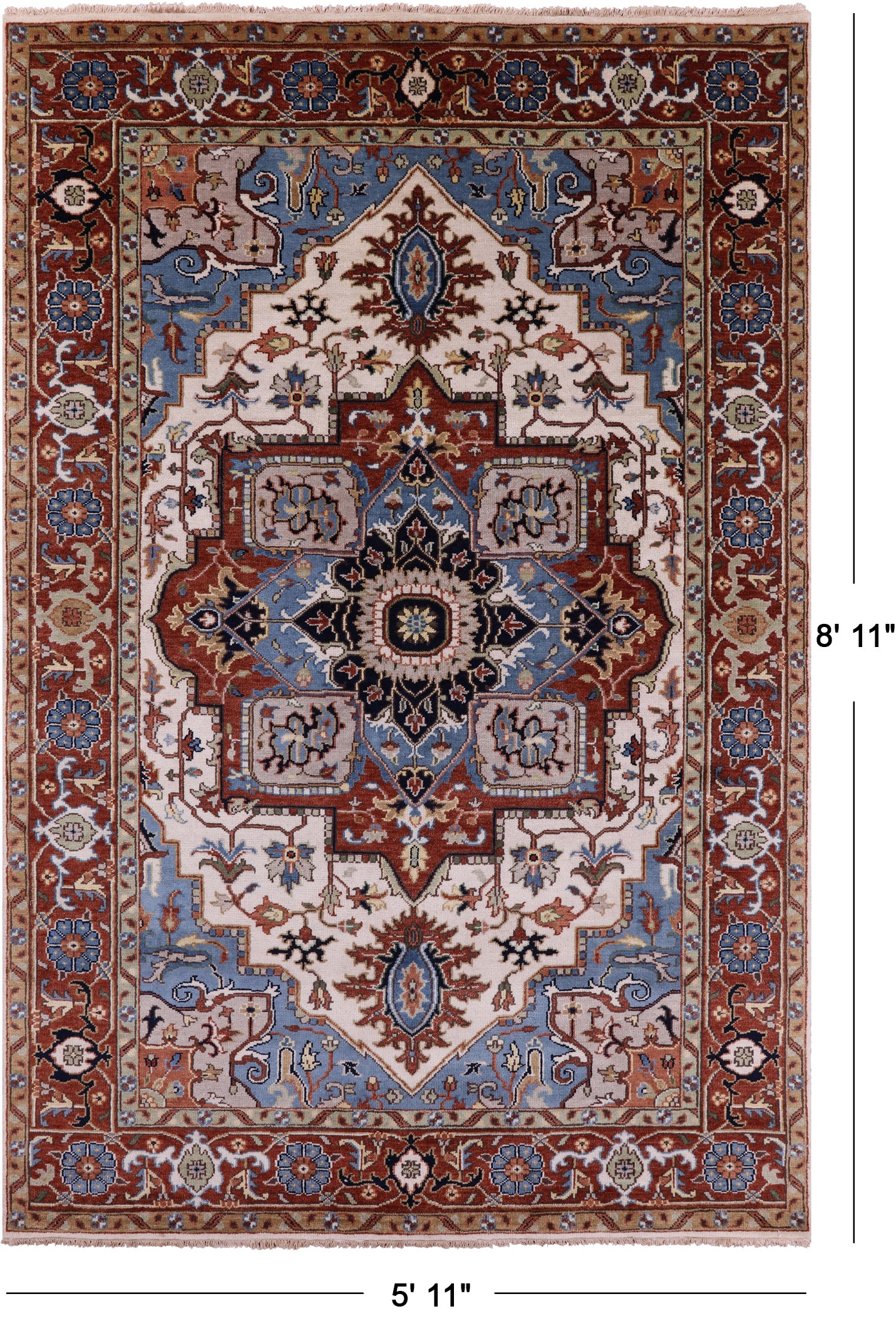Ivory Geometric Heriz Serapi Hand Knotted Wool Rug - 5' 11" X 8' 11" - Golden Nile