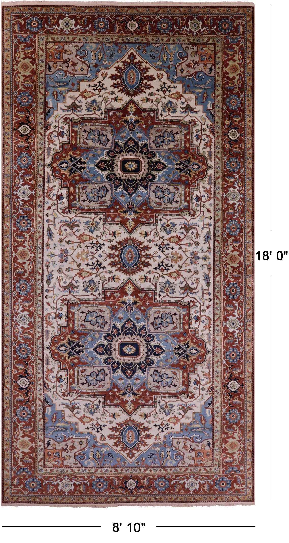 Ivory Geometric Heriz Serapi Hand Knotted Wool Rug - 8' 10" X 18' 0" - Golden Nile