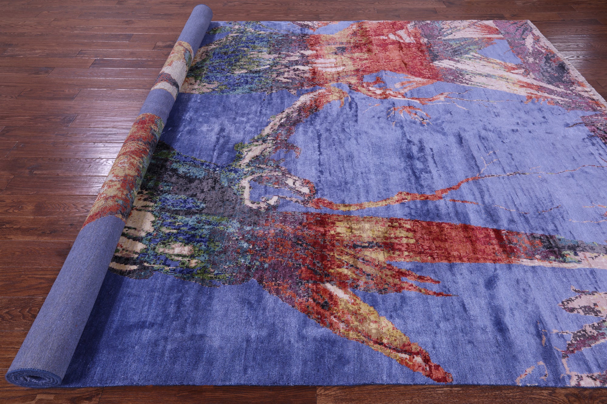 Parrots Design Contemporary Hand Knotted 100% Silk Rug - 8' 10" X 12' 4"