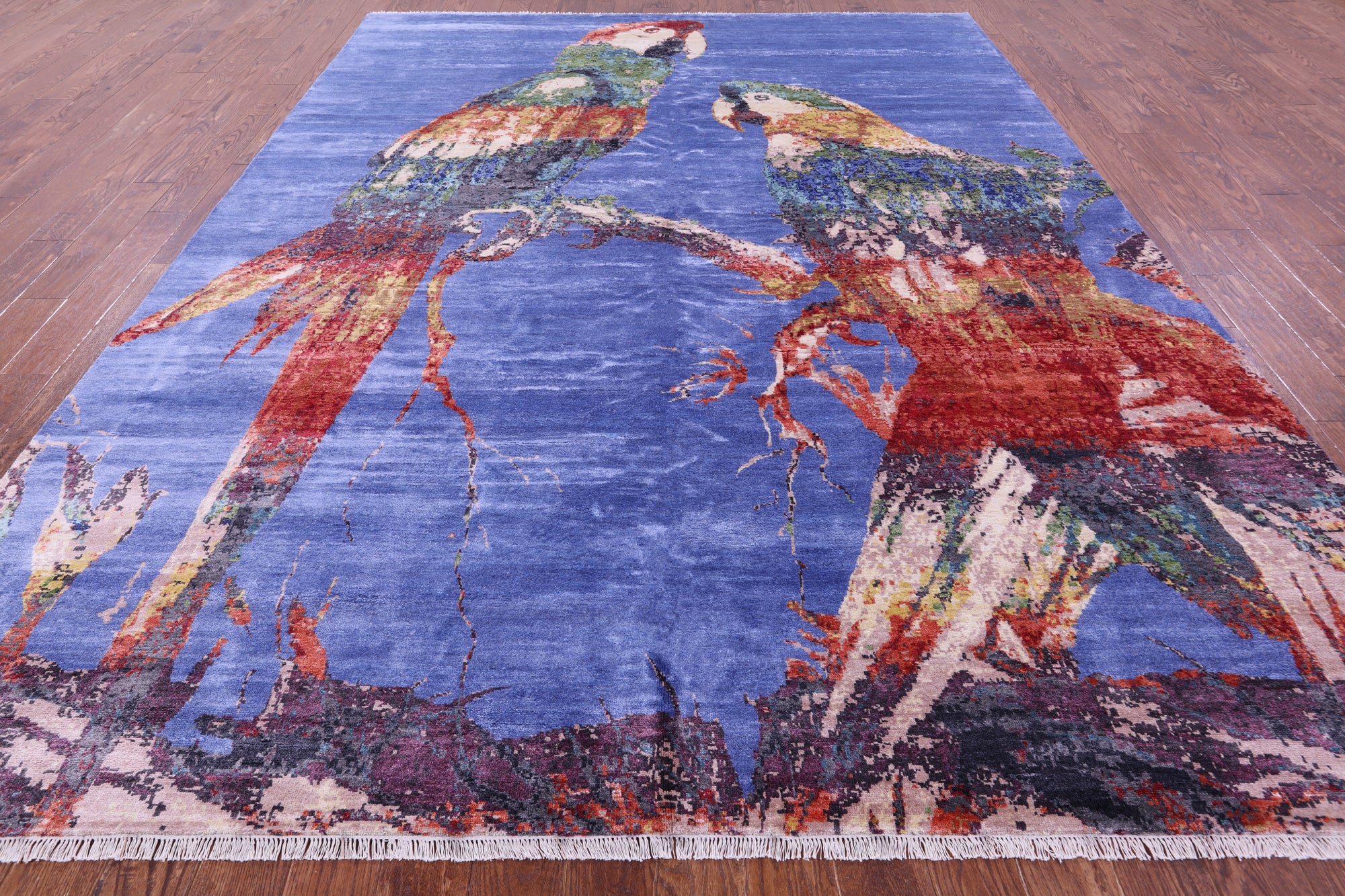 Parrots Design Contemporary Hand Knotted 100% Silk Rug - 8' 10" X 12' 4"