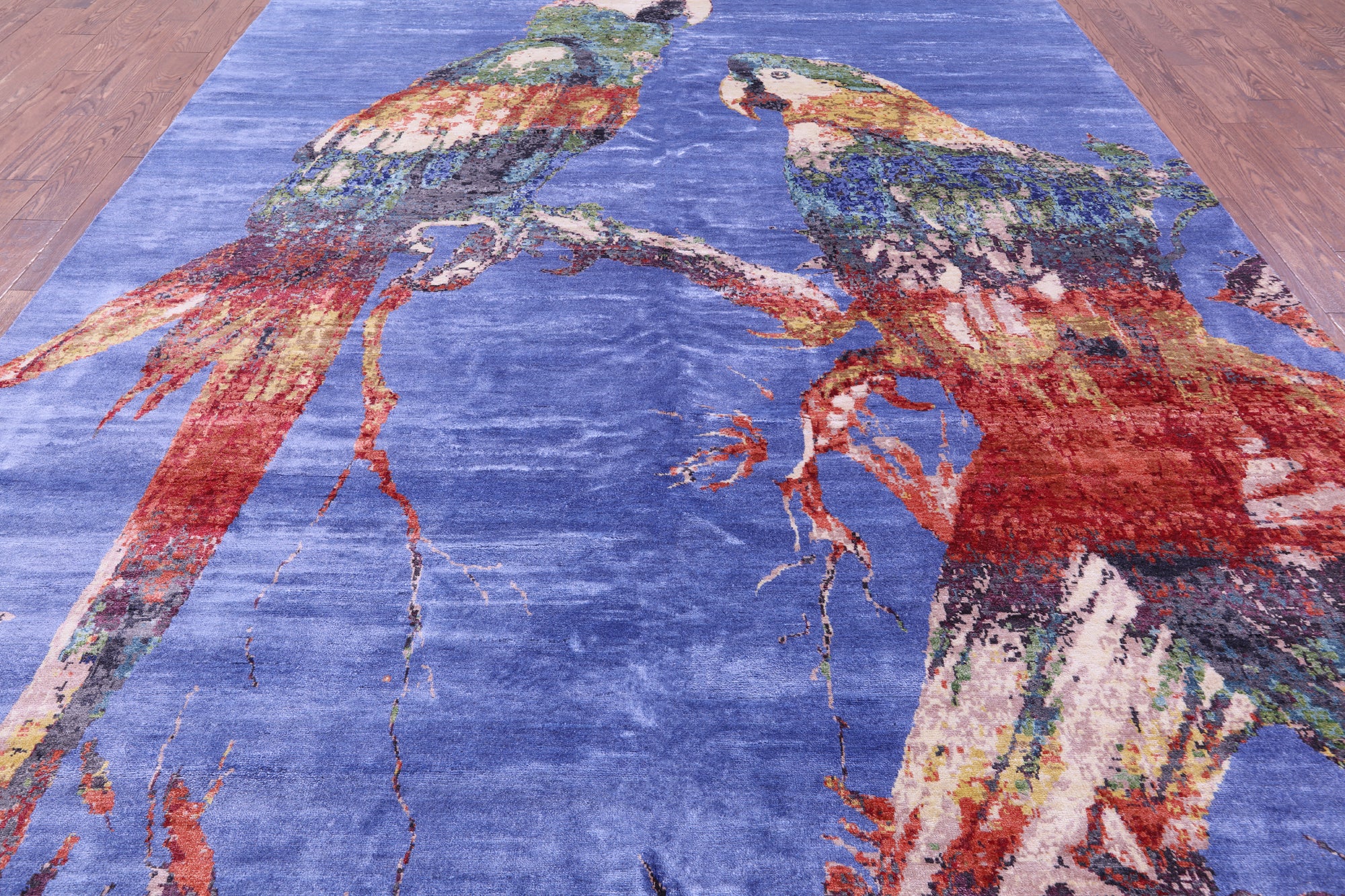 Parrots Design Contemporary Hand Knotted 100% Silk Rug - 8' 10" X 12' 4"