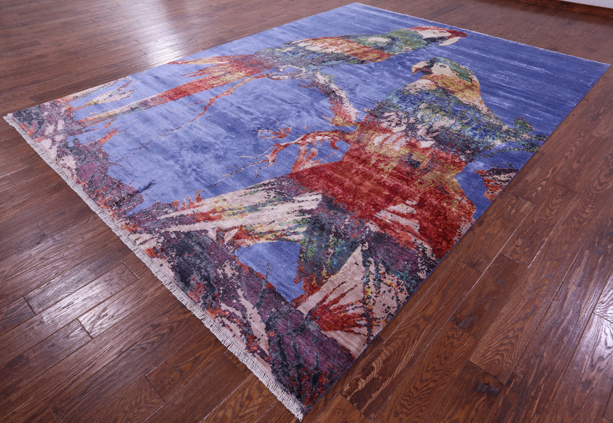 Parrots Design Contemporary Hand Knotted 100% Silk Rug - 8' 10" X 12' 4"
