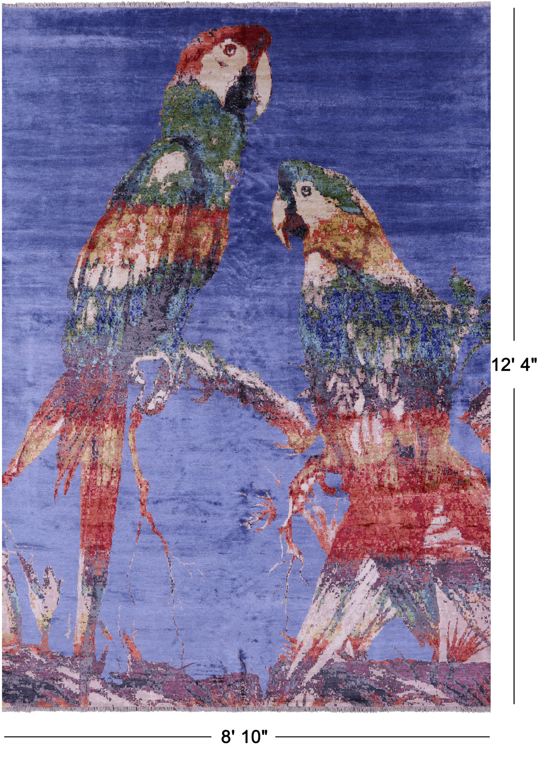Parrots Design Contemporary Hand Knotted 100% Silk Rug - 8' 10" X 12' 4"