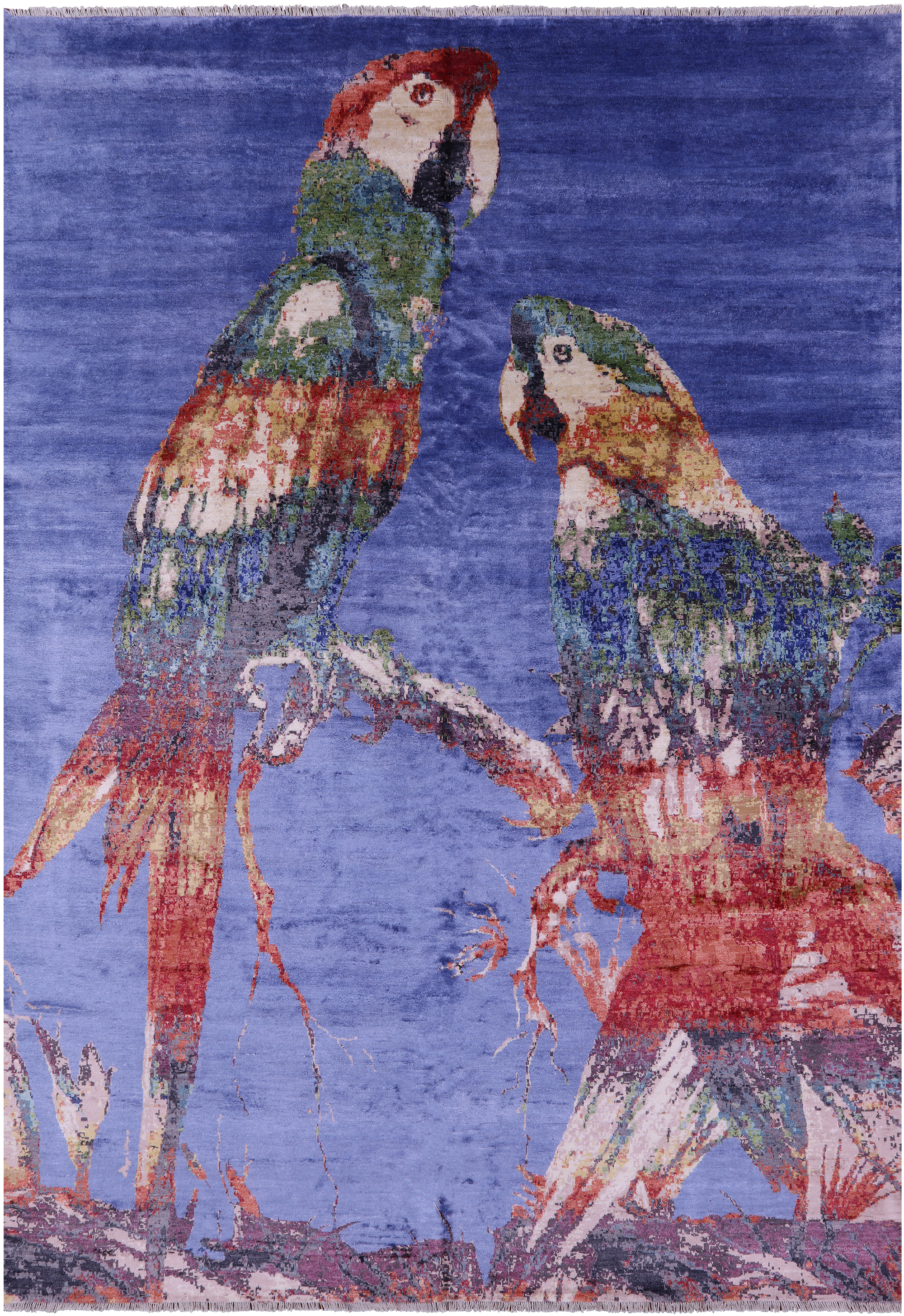 Parrots Design Contemporary Hand Knotted 100% Silk Rug - 8' 10" X 12' 4"