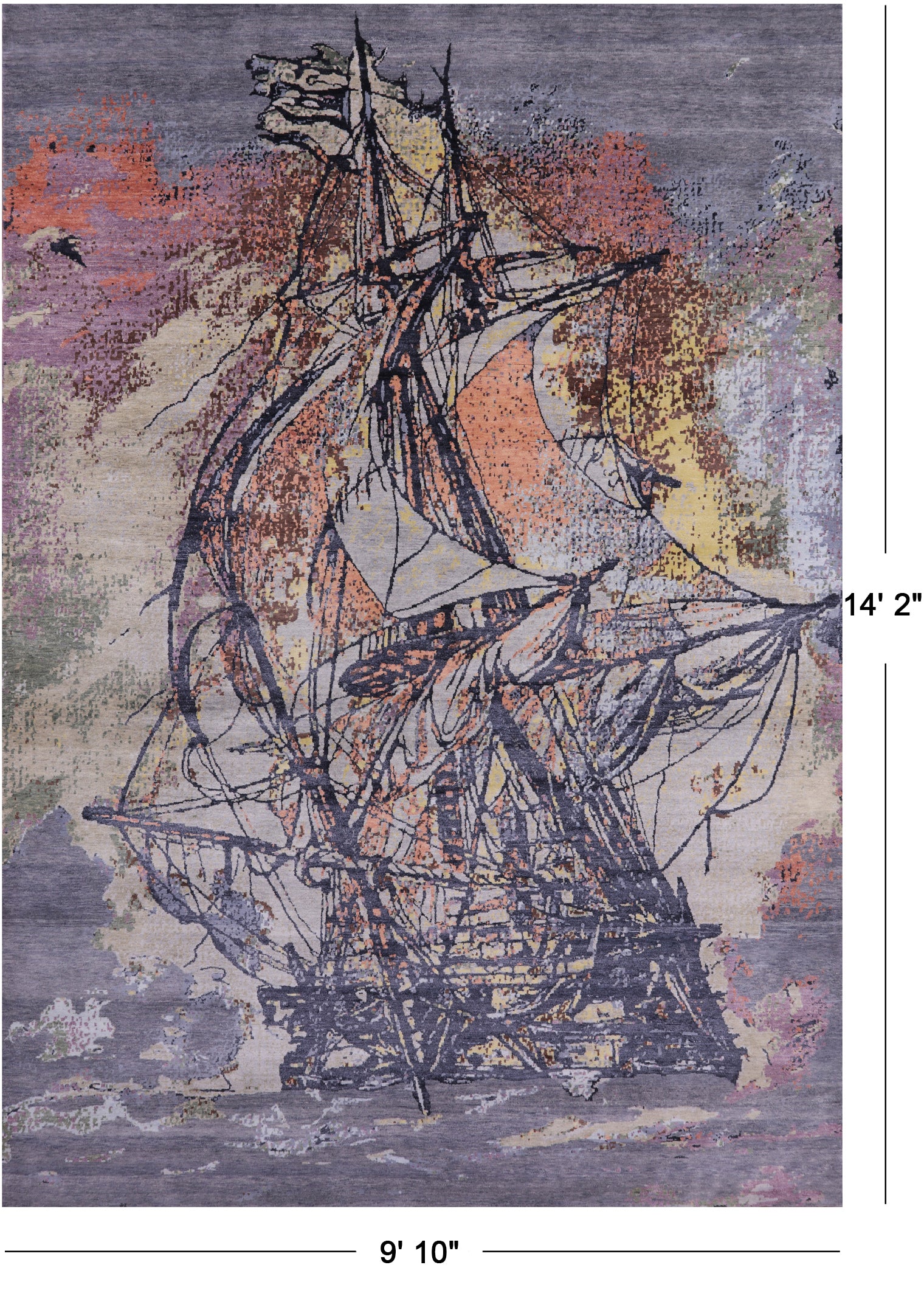Sailing Ship Design Contemporary Hand Knotted Wool & Silk Rug - 9' 10" X 14' 2" - Golden Nile