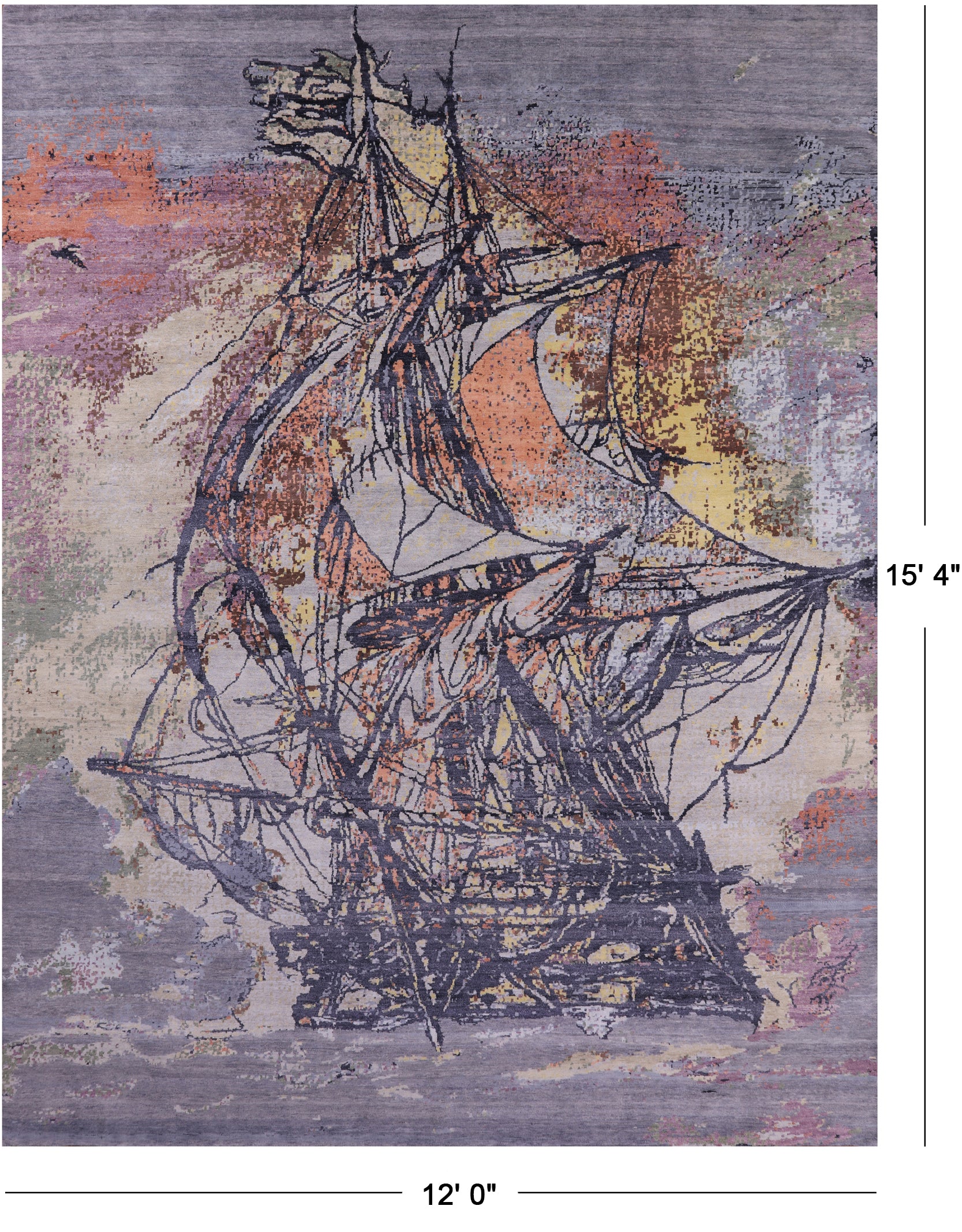Sailing Ship Design Contemporary Hand Knotted Wool & Silk Rug - 12' 0" X 15' 4" - Golden Nile
