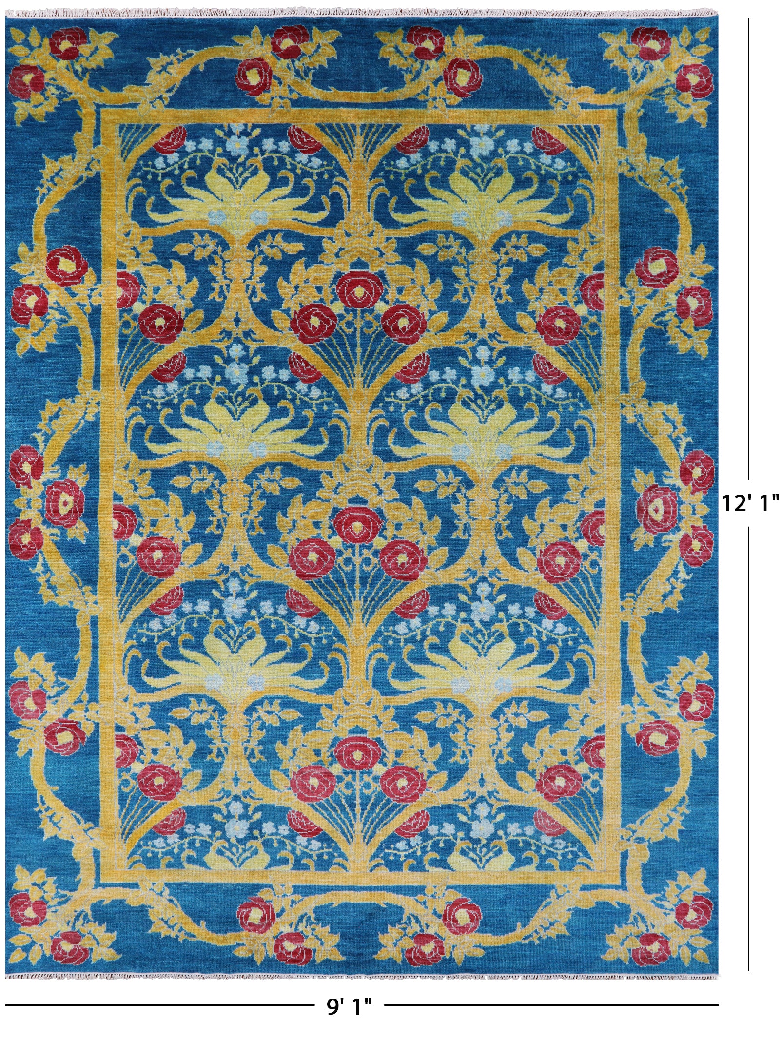 Blue William Morris Hand Knotted Wool Rug - 9' 1" X 12' 1" - Golden Nile