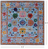 Blue Square Turkish Oushak Hand Knotted Wool Rug - 9' 5" X 9' 2" - Golden Nile