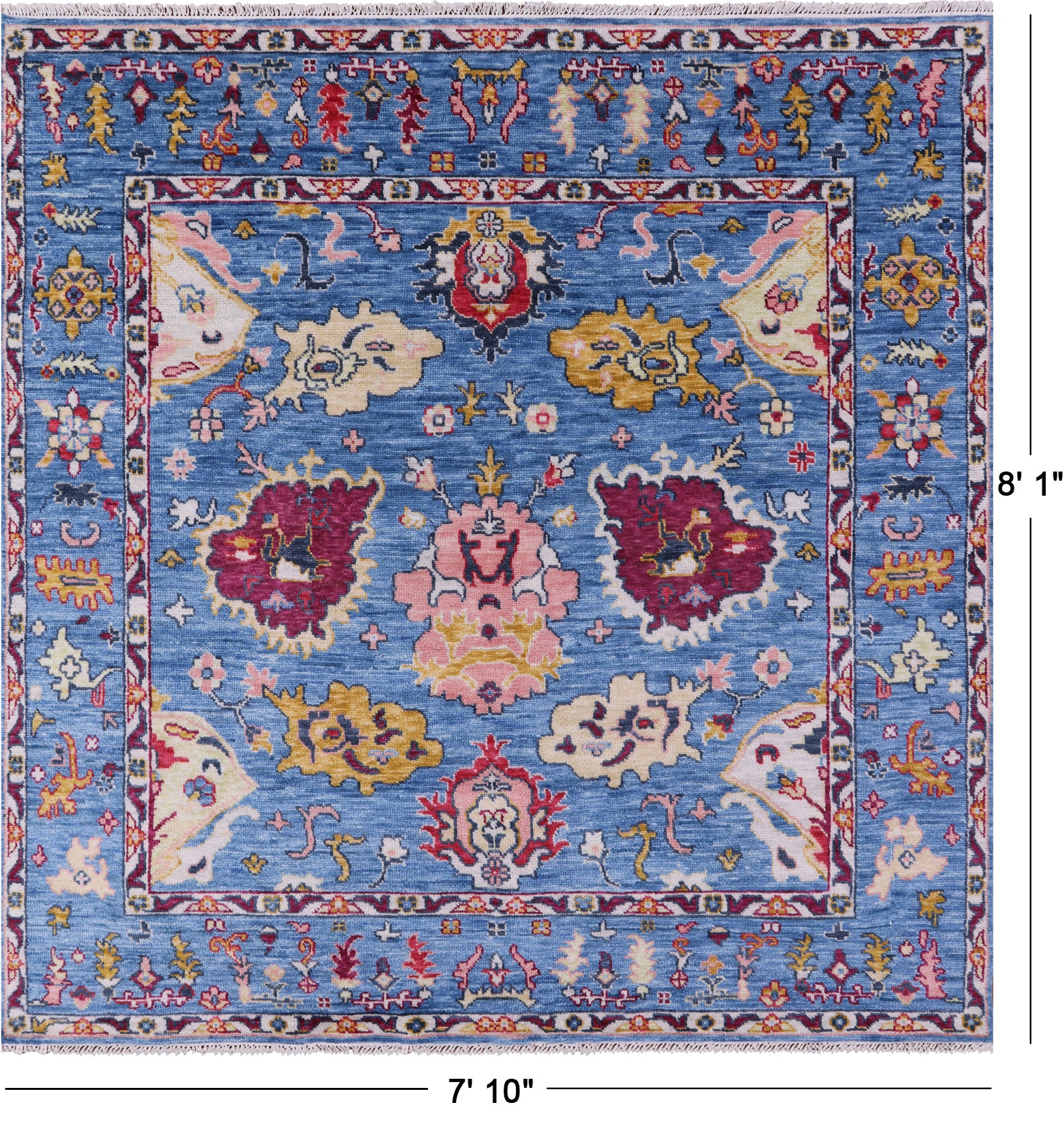 Blue Square Turkish Oushak Hand Knotted Wool Rug - 8' 1" X 7' 10" - Golden Nile