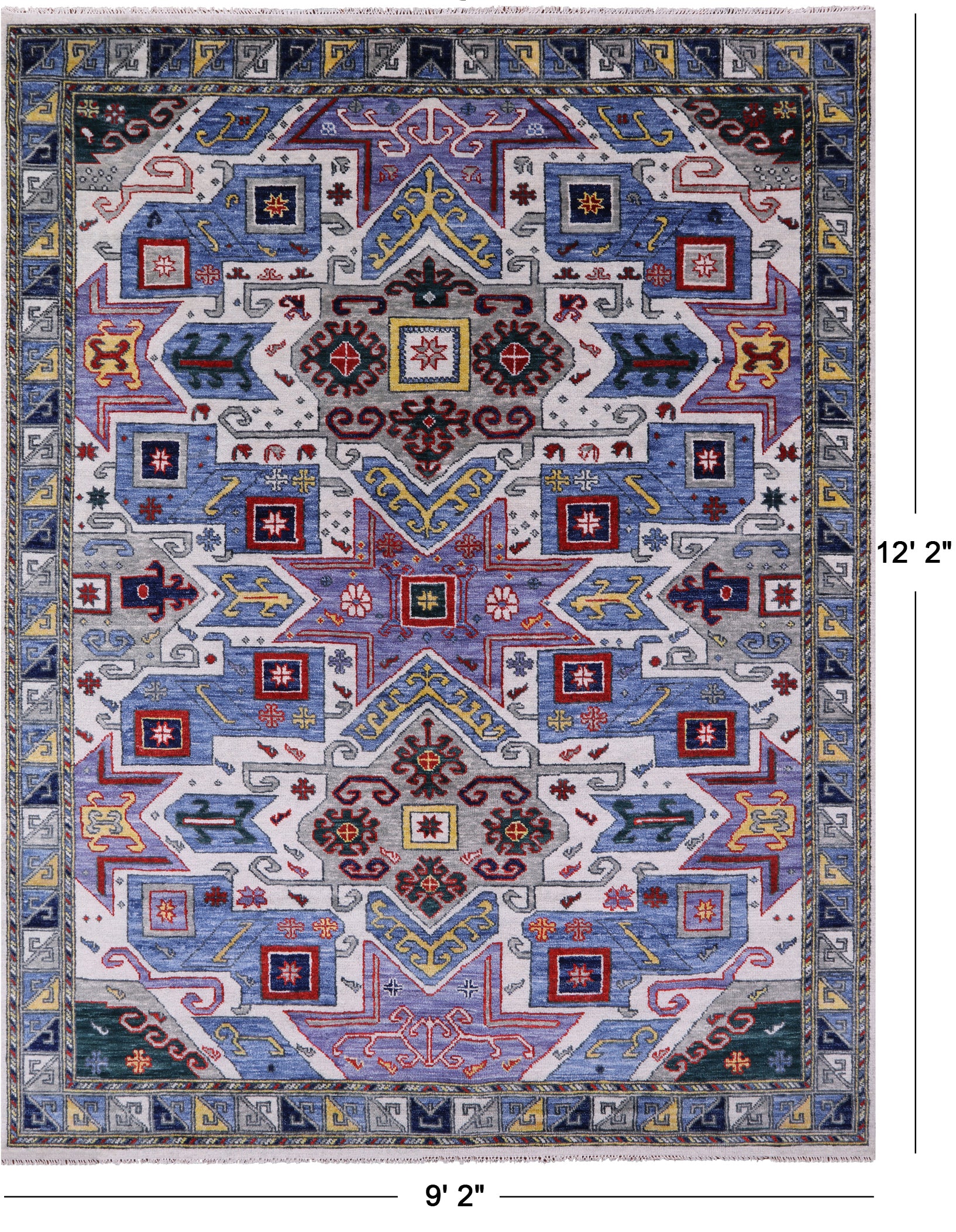 Geometric Kazak Hand Knotted Wool Rug - 9' 2" X 12' 2" - Golden Nile