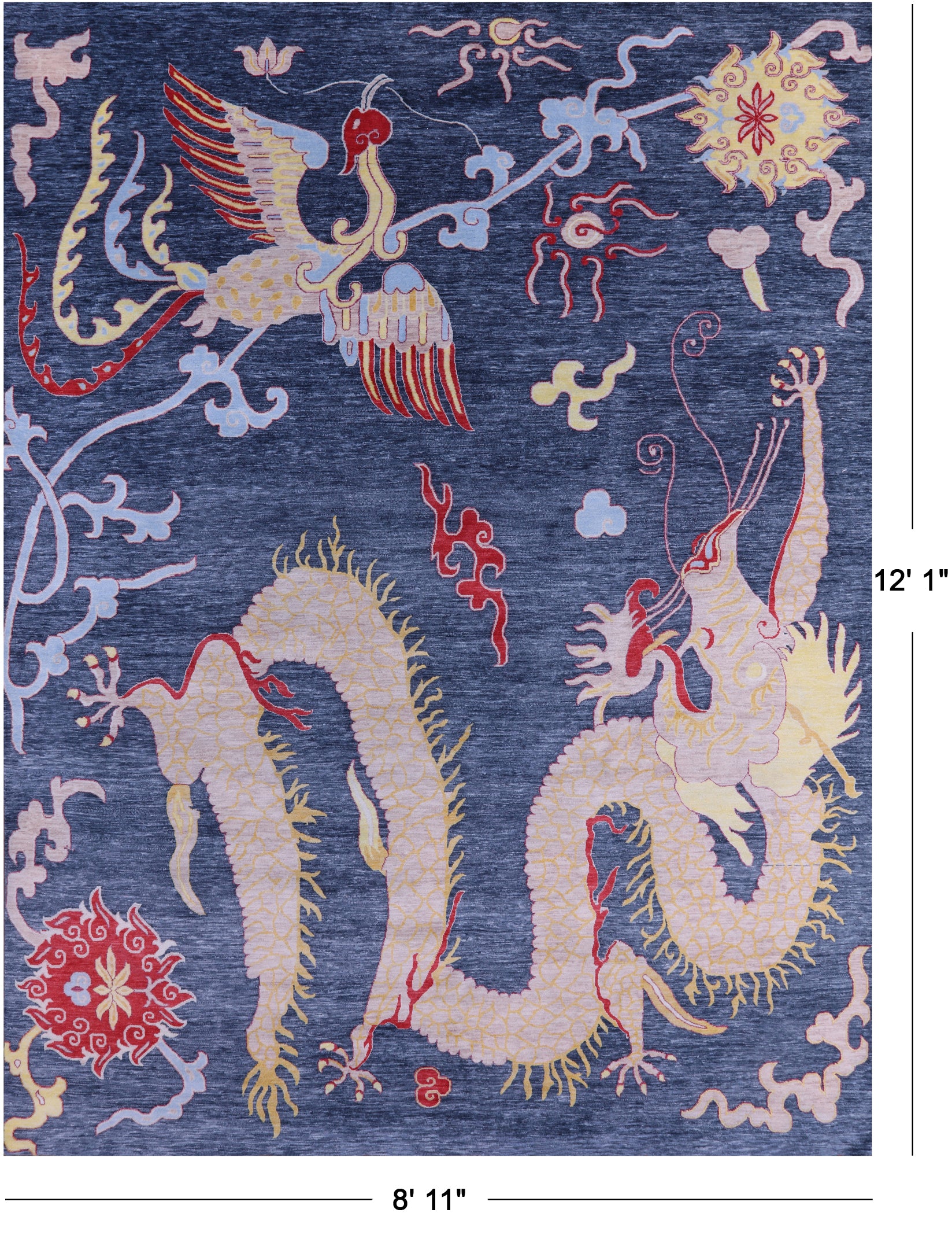 Dragon And Phoenix Design Hand Knotted Wool Rug - 8' 11" X 12' 1" - Golden Nile