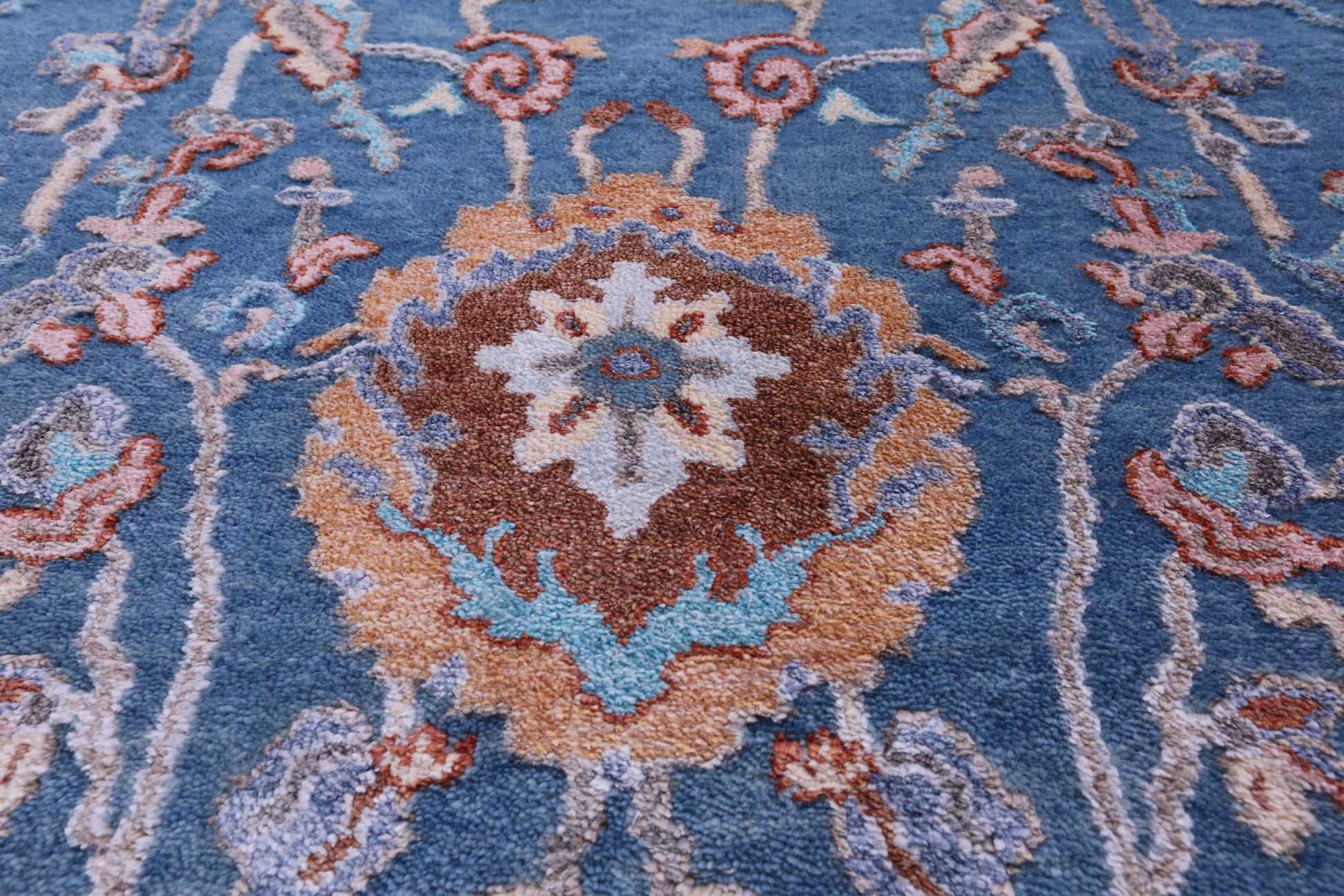 Blue Persian Hand Knotted Wool & Silk Rug - 9' 0" X 11' 10" - Golden Nile