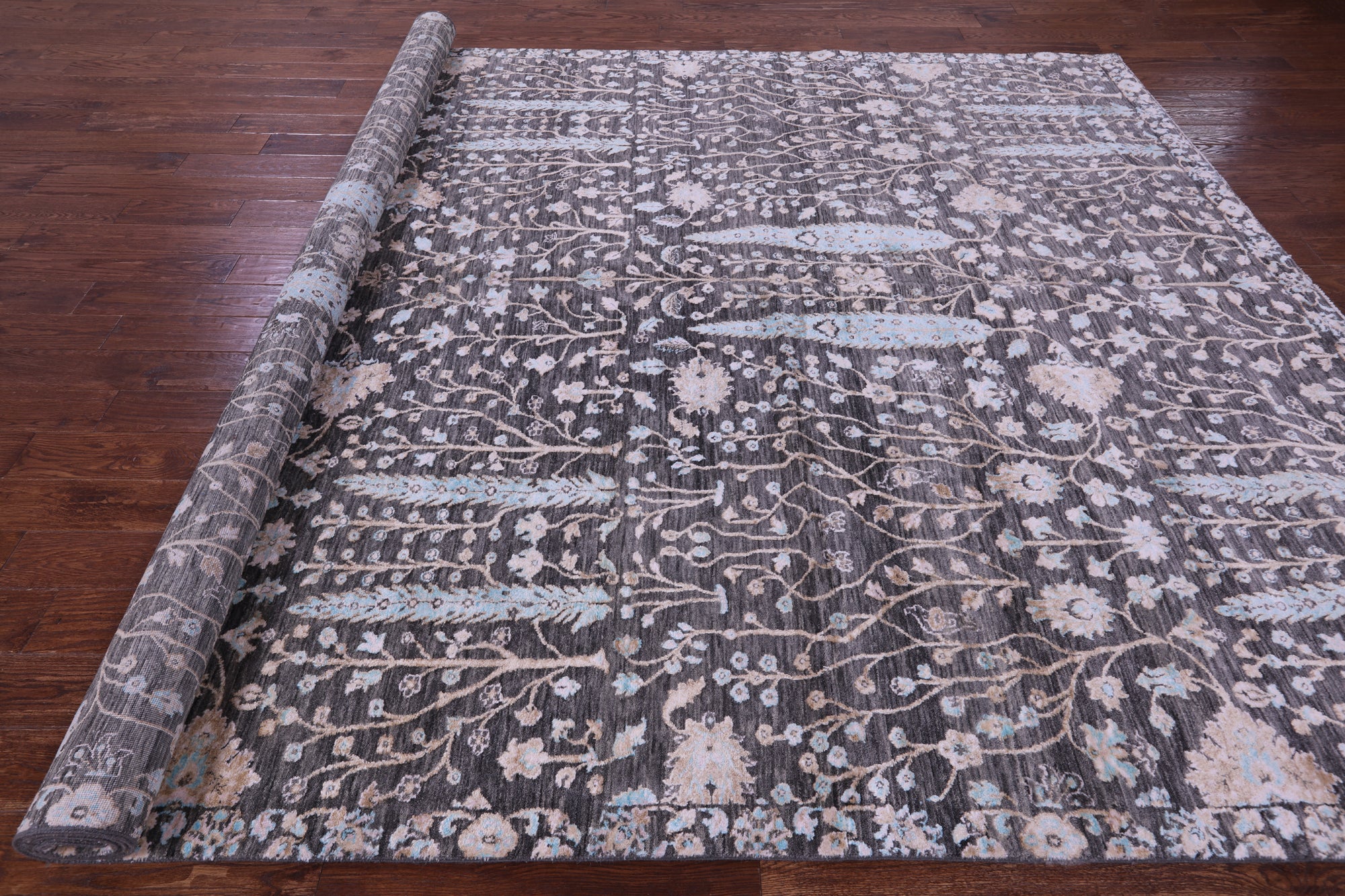 Grey Persian Ziegler Hand Knotted Wool & Silk Rug - 9' 0" X 12' 4"