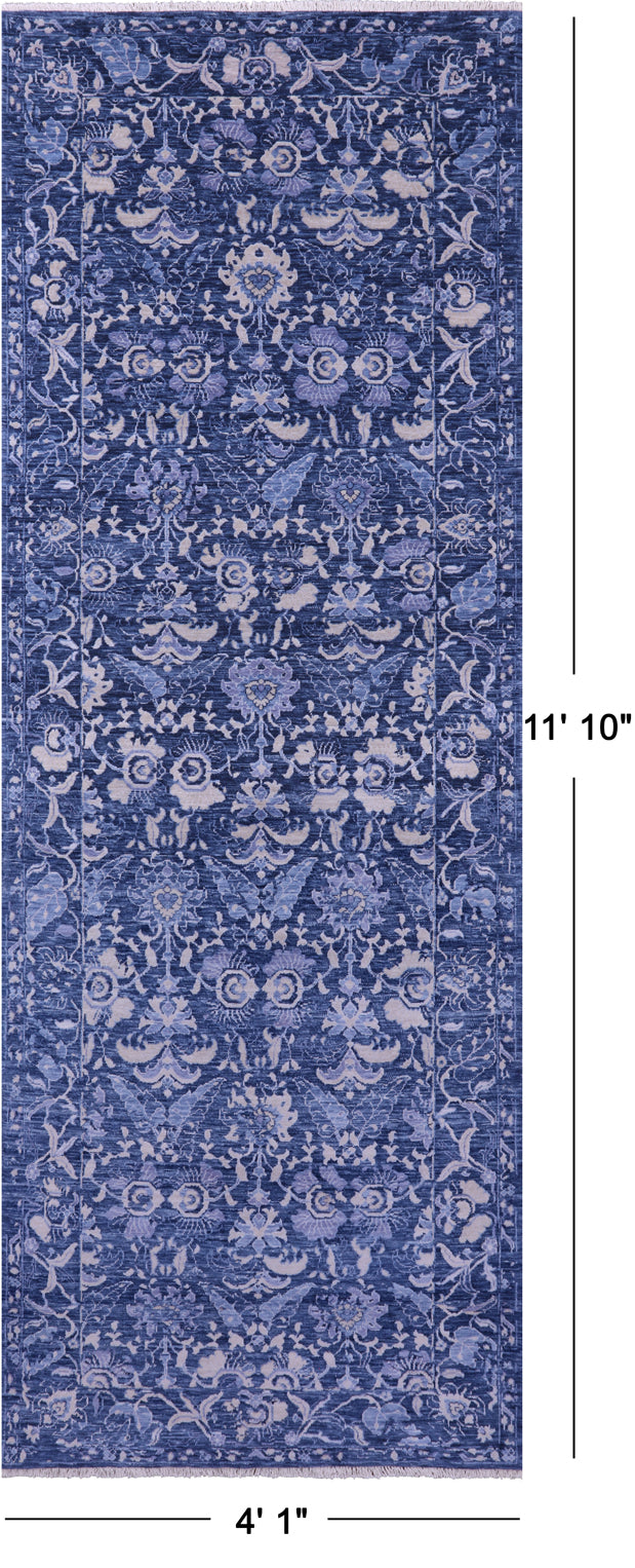 SUPER SALE Blue Modern Handmade Wool Runner Rug - 4' 1" X 11' 10"