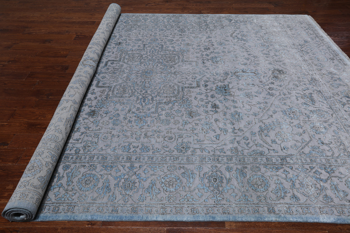 Grey Persian Fine Serapi Hand Knotted Wool & Silk Rug - 9' 1" X 12' 2"