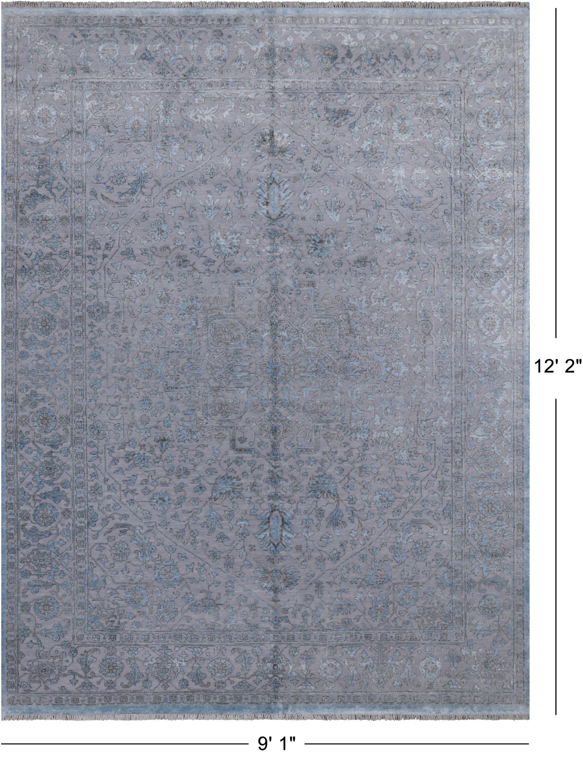 Grey Persian Fine Serapi Hand Knotted Wool & Silk Rug - 9' 1" X 12' 2"