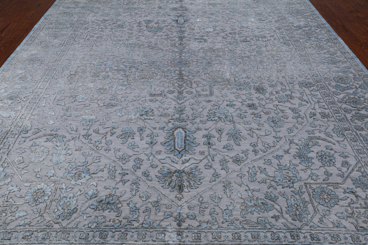 Grey Persian Fine Serapi Hand Knotted Wool & Silk Rug - 9' 1" X 12' 2"